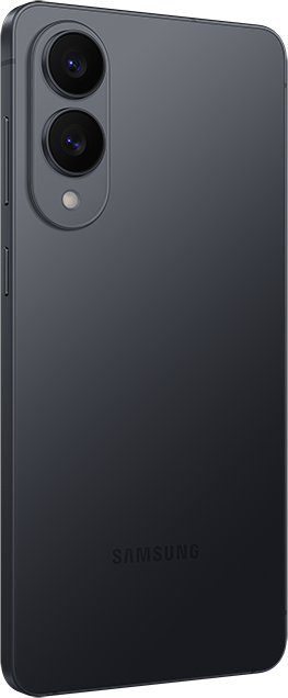 Sötétszürke okostelefon, tetején három kamerával. A hátoldalon SAMSUNG logó. Az oldalon egy gomb található.