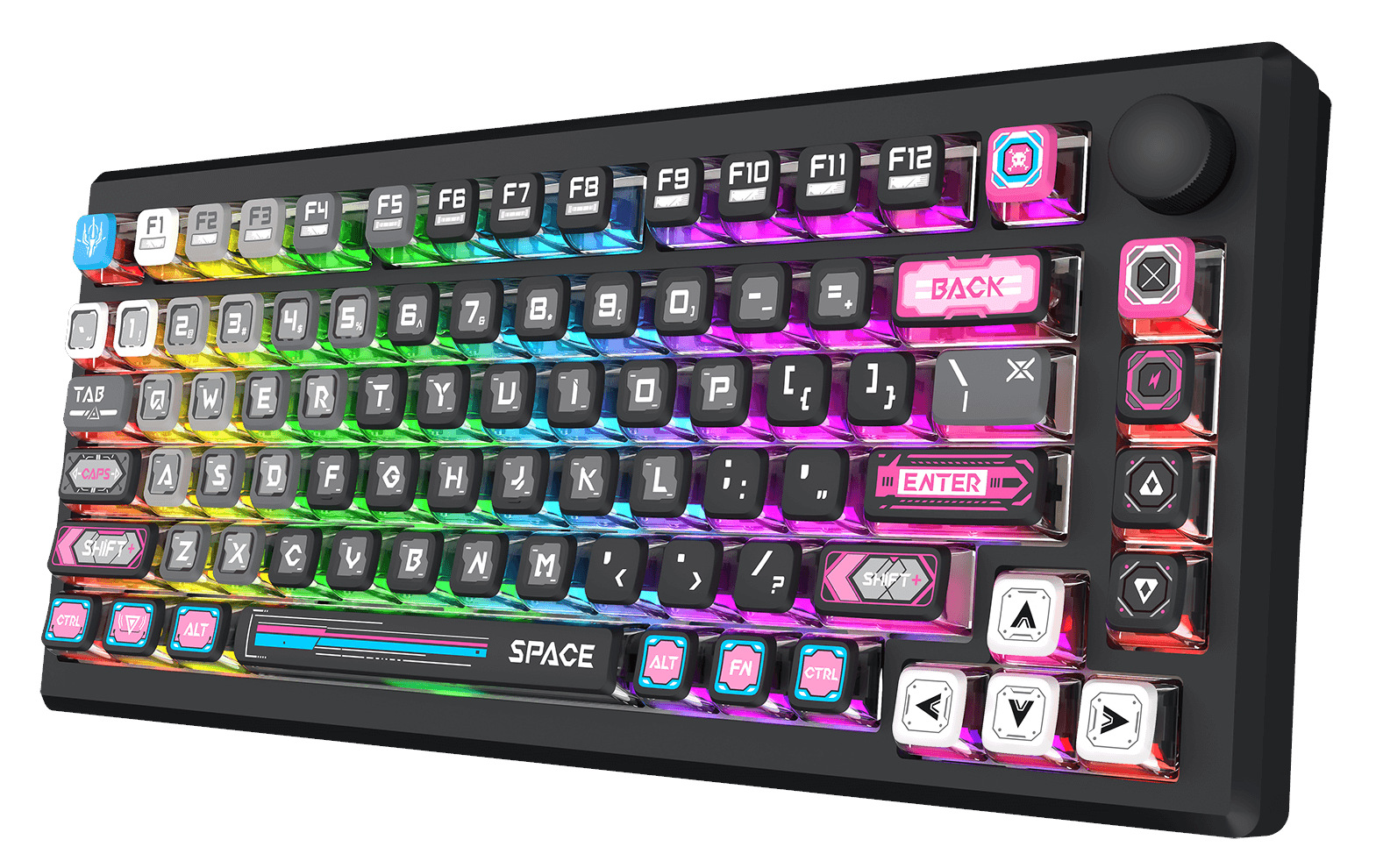 Podświetlana klawiatura mechaniczna z różnymi klawiszami, w tym klawiszami funkcyjnymi, literami, cyframi i znakami specjalnymi. Klawisze są czarne z białymi literami.