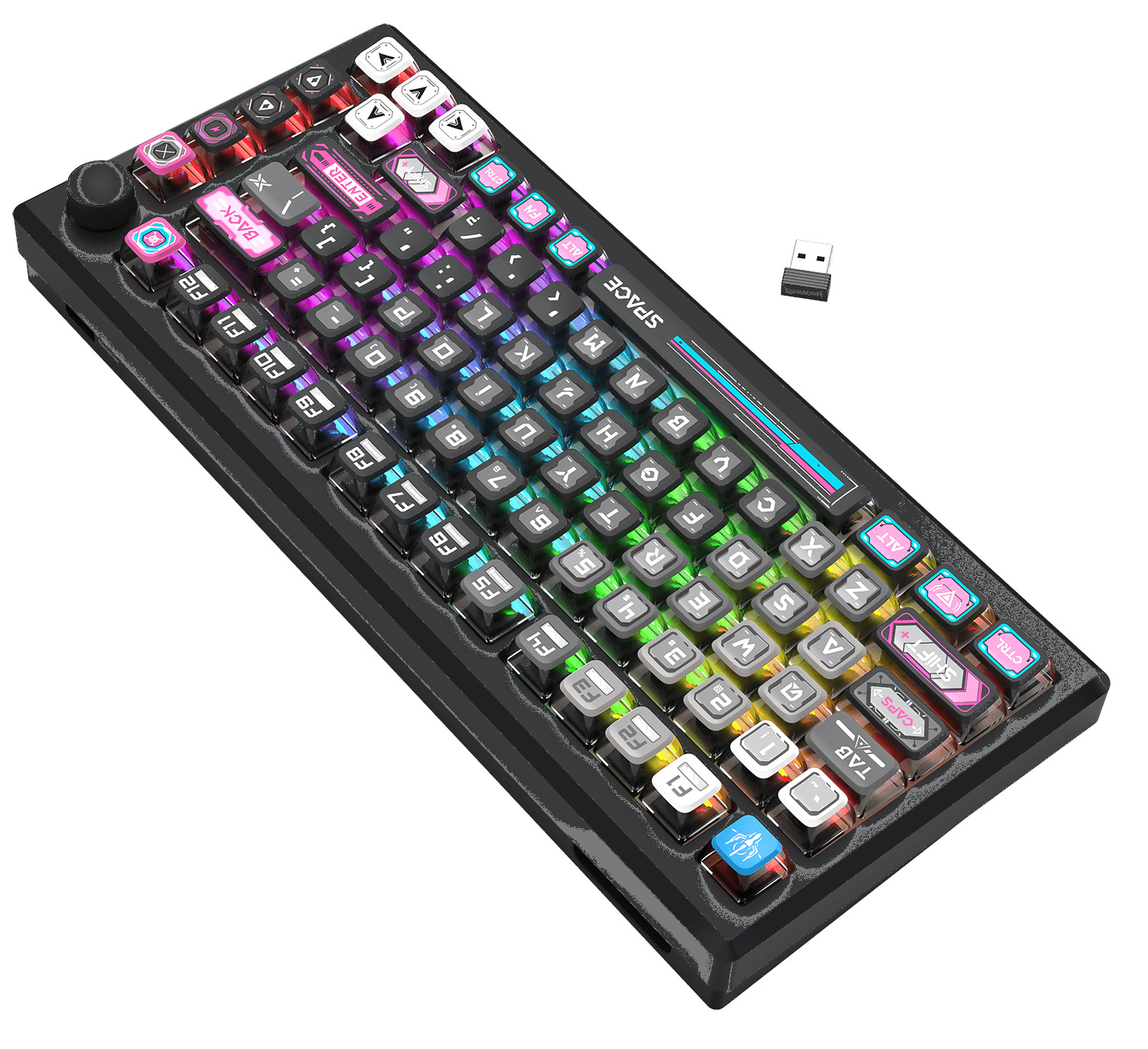 Czarna klawiatura mechaniczna z wielokolorowymi klawiszami i odbiornikiem USB na białym tle.