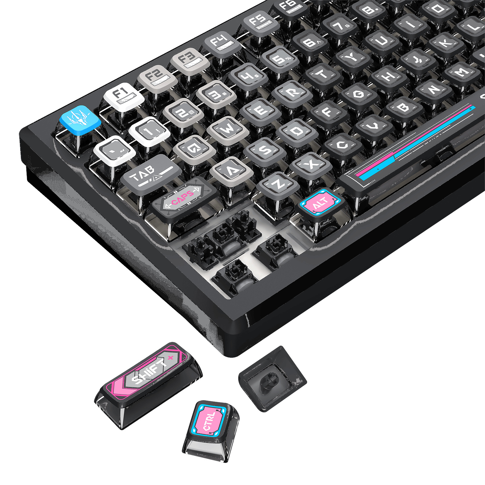 Czarna klawiatura mechaniczna z szarymi i białymi klawiszami. Odłączone klawisze pokazują 'SHIFT' i 'CTRL'. Niebieskie i różowe akcenty.