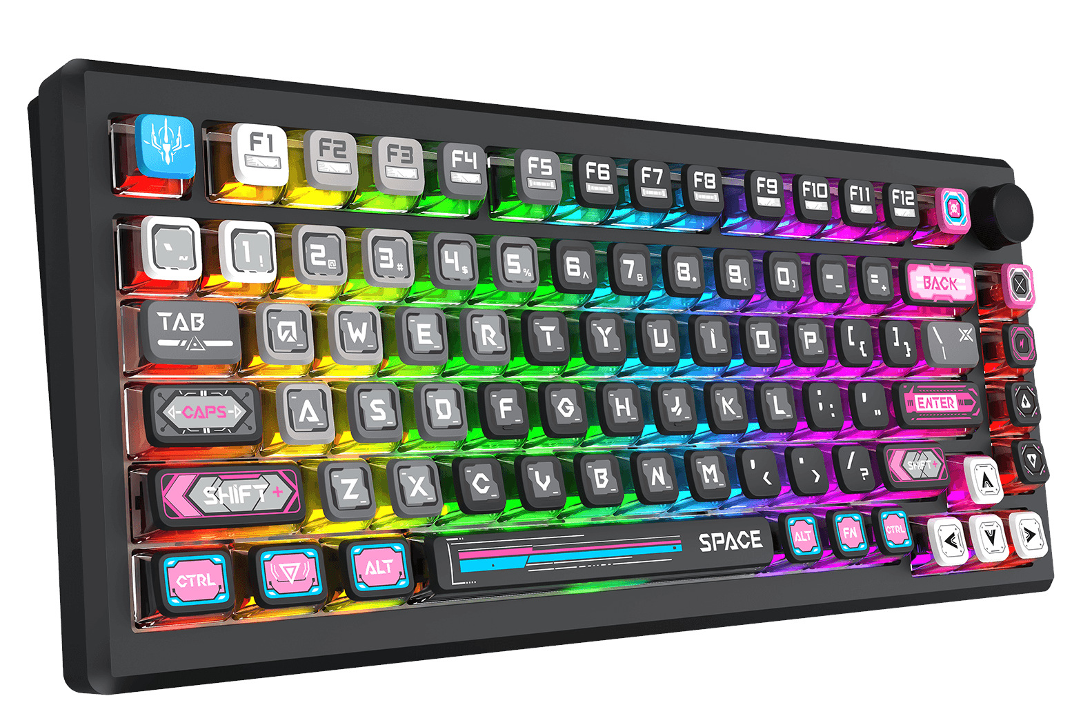 Podświetlana klawiatura mechaniczna. Klawisze są czarne z różnokolorowymi legendami. Rama jest czarna.