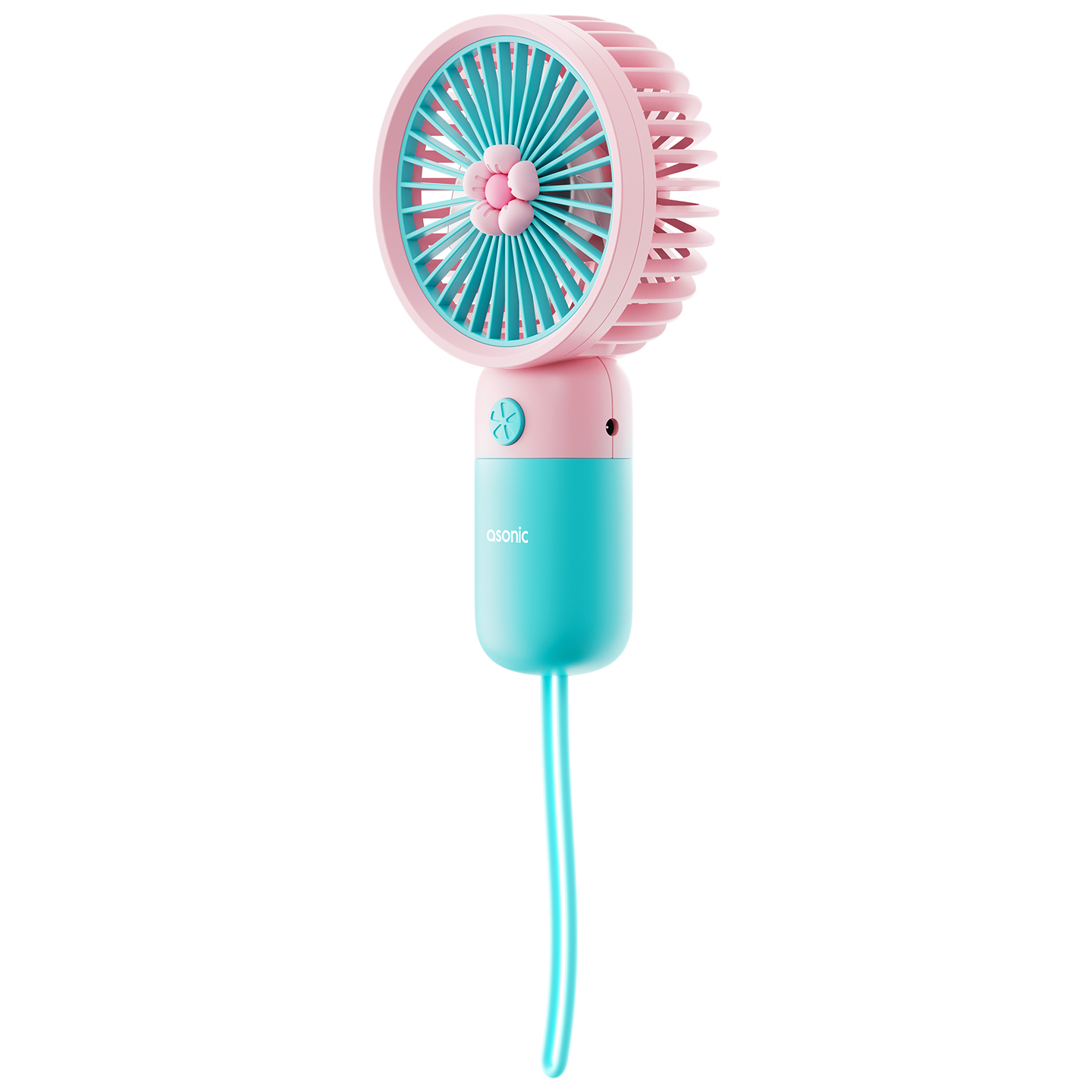 Pembe ve turkuaz renkli el fanı. Çiçek şeklinde bir merkezi var. Sapı turkuaz ve fanın gövdesi pembe.