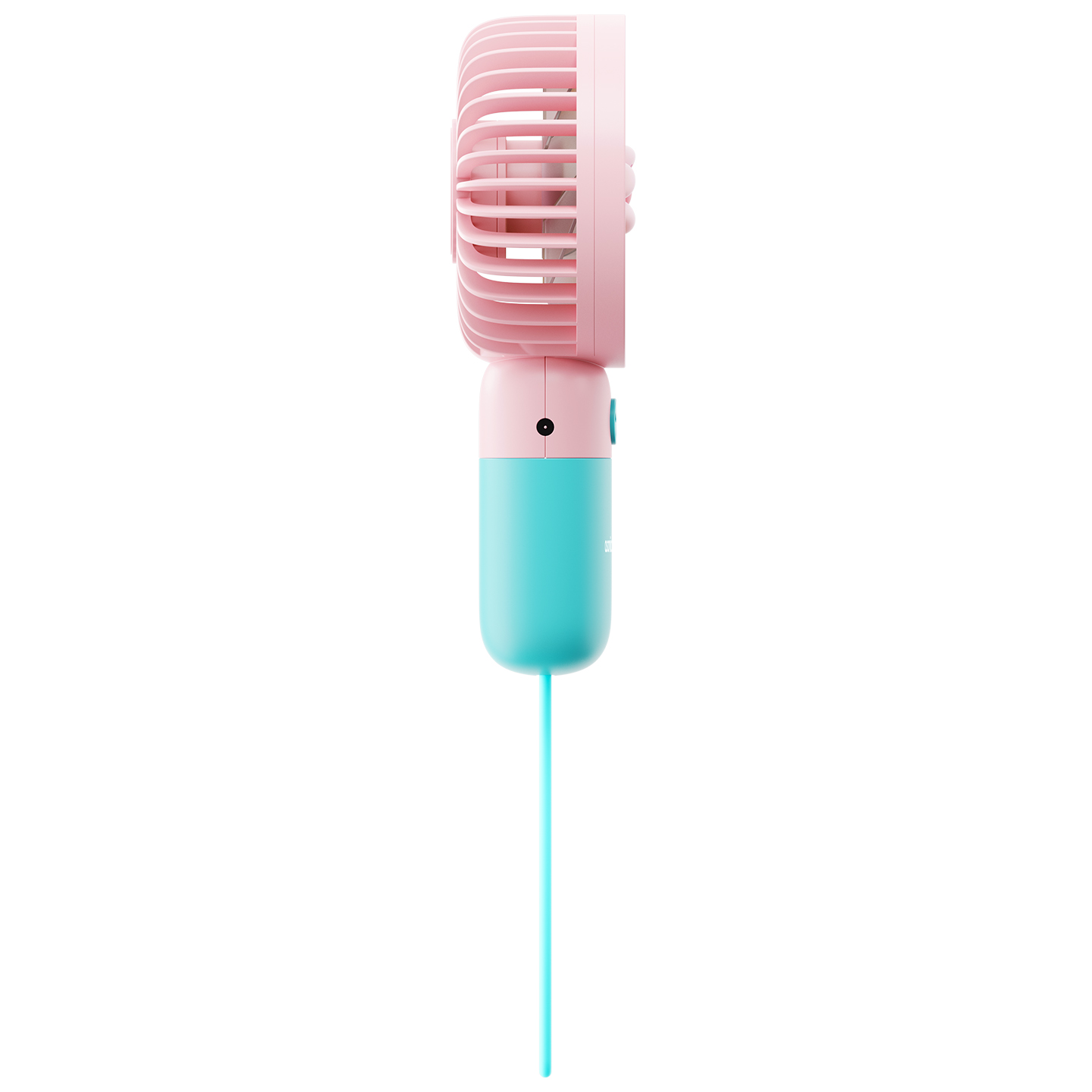 Pembe ve mavi bir el fanı. Fanda pembe bir başlık ve mavi bir sap var. Beyaz bir arka plan üzerinde.