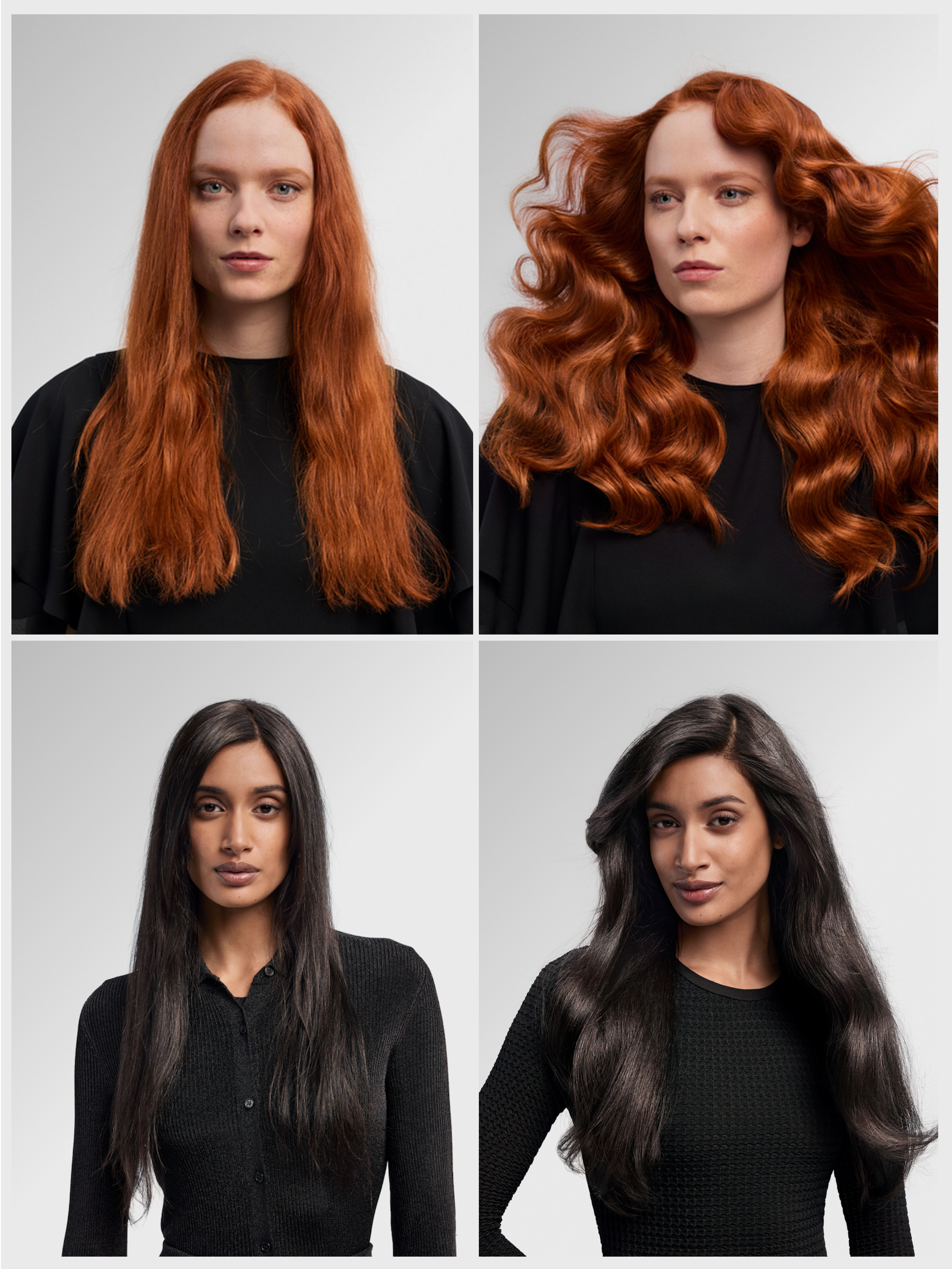 Imagen de cuatro paneles. Arriba a la izquierda: mujer pelirroja. Arriba a la derecha: mujer pelirroja con cabello ondulado. Abajo: dos mujeres de cabello oscuro.