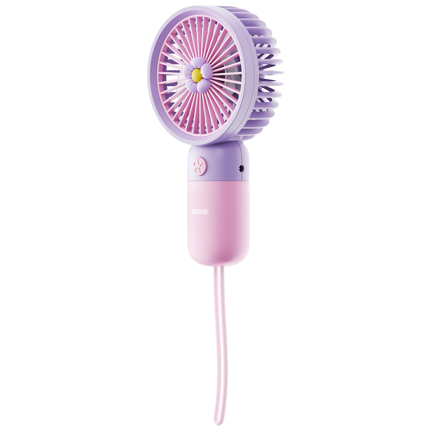 Önünde çiçek deseni olan pembe ve mor bir el fanı. Bir sapı ve bir düğmesi var.