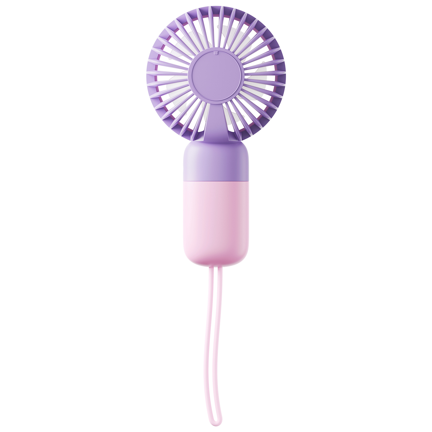 Mor ve pembe renk şemasına sahip bir el fanı. Dairesel bir fan kafasına ve yuvarlak bir sapa sahiptir.
