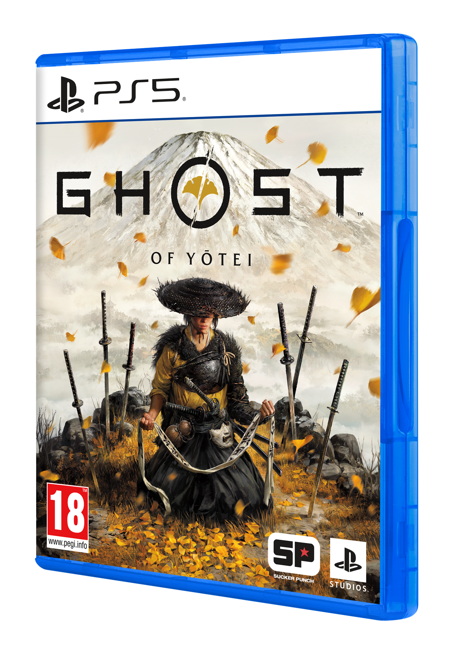 PS5-Spielhülle für Ghost of Tsushima. Ein Samurai steht inmitten von Schwertern mit einem Berg im Hintergrund. Fallende Blätter umgeben.