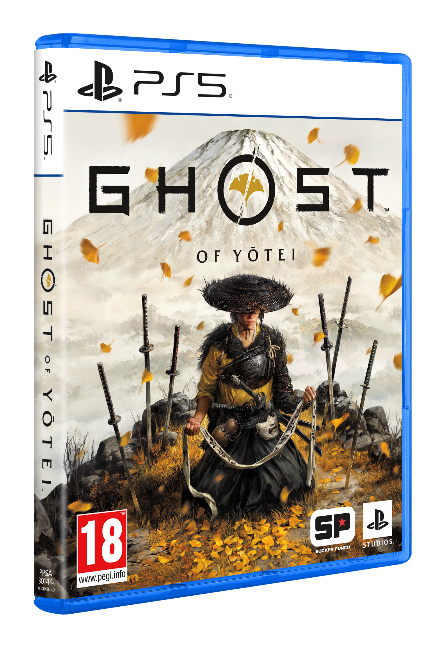Spielcover: Samurai mit schwarzem Hut, hält ein weißes Seil. Im Hintergrund ein Berg. Titel: Ghost of Yotei.