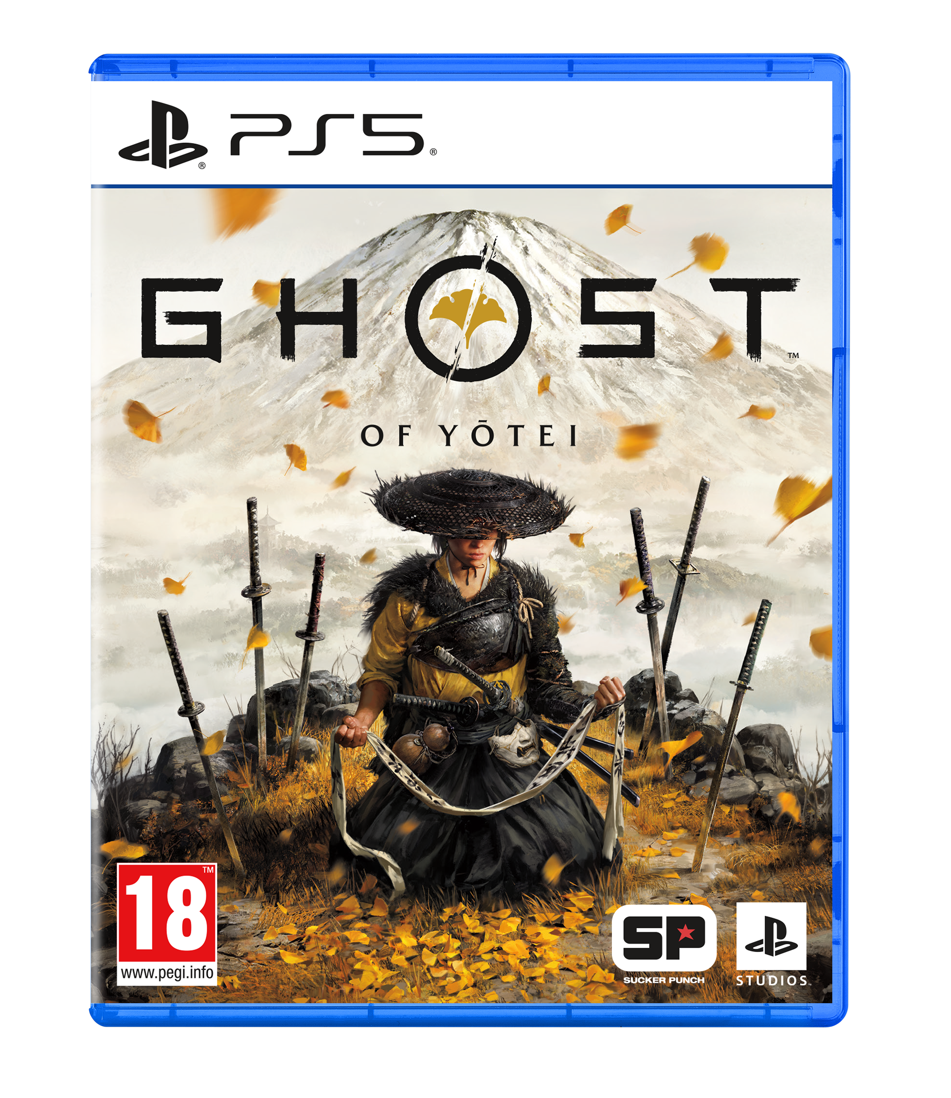 Spielhülle für Ghost of Tsushima. Samurai in der Mitte, Schwerter herum, Berg im Hintergrund. PS5-Logo oben.
