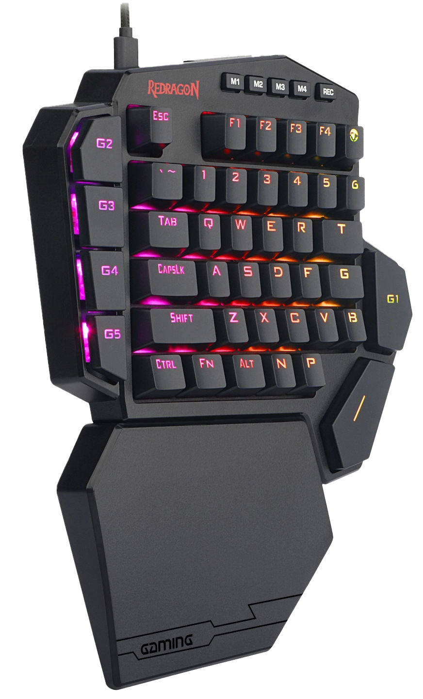Czarny pad do gier Redragon z wieloma przyciskami, kolorowymi podświetlanymi klawiszami i podpórką pod nadgarstek. Klawisze są oznaczone literami i cyframi.