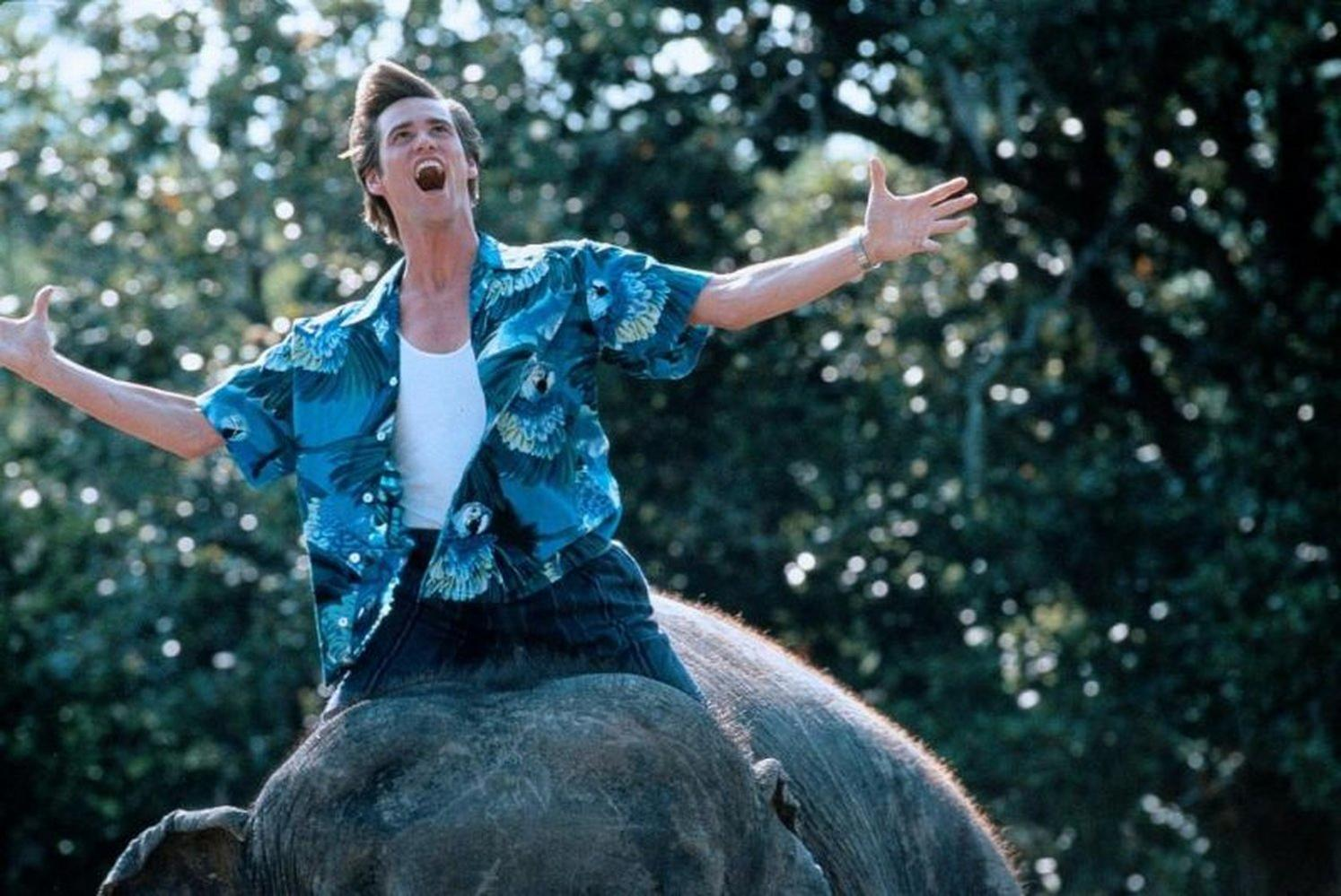 Jim Carrey reitet auf einem Elefanten, Arme ausgestreckt, Mund offen. Er trägt ein blaues Hemd und ein weißes Unterhemd. Bäume im Hintergrund.
