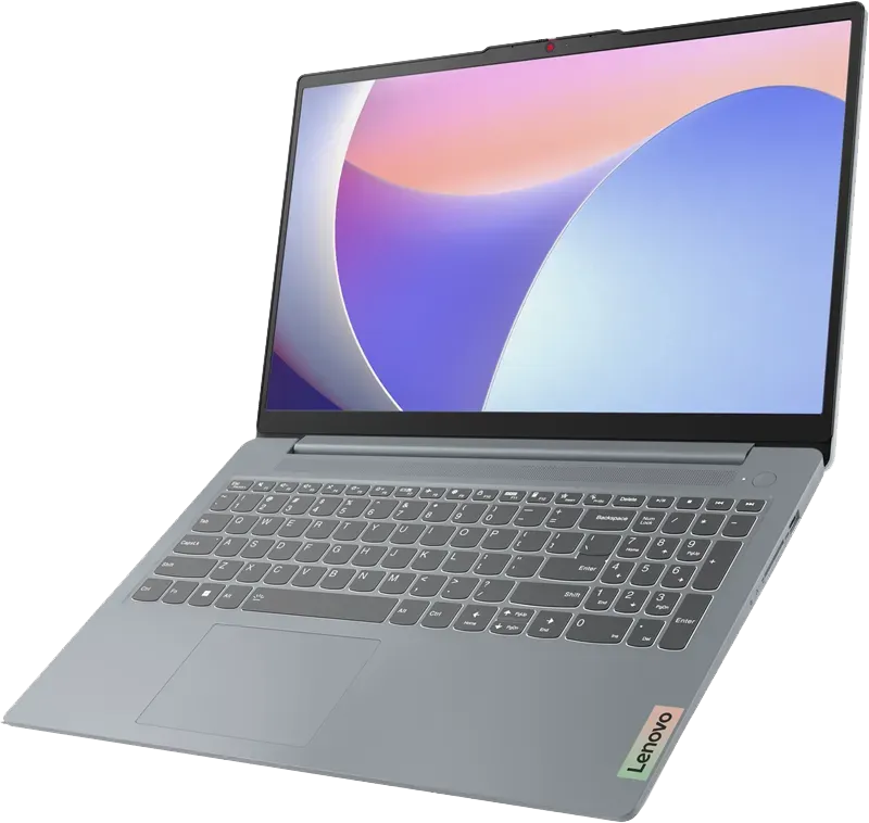 Egy szürke Lenovo laptop van megjelenítve szögben. A képernyő színes absztrakt hátteret mutat. A billentyűzet és az érintőpad látható.