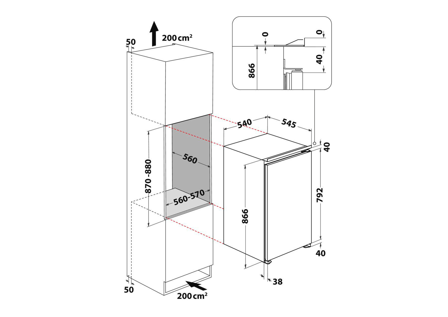 Diagramm von Küchengeräten mit Abmessungen in Millimetern. Enthält einen Kühlschrank und einen Schrank mit Größen.