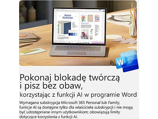 Laptop z projektem pokoju na drewnianym biurku. Logo Word po prawej. Polski tekst promujący funkcje AI.