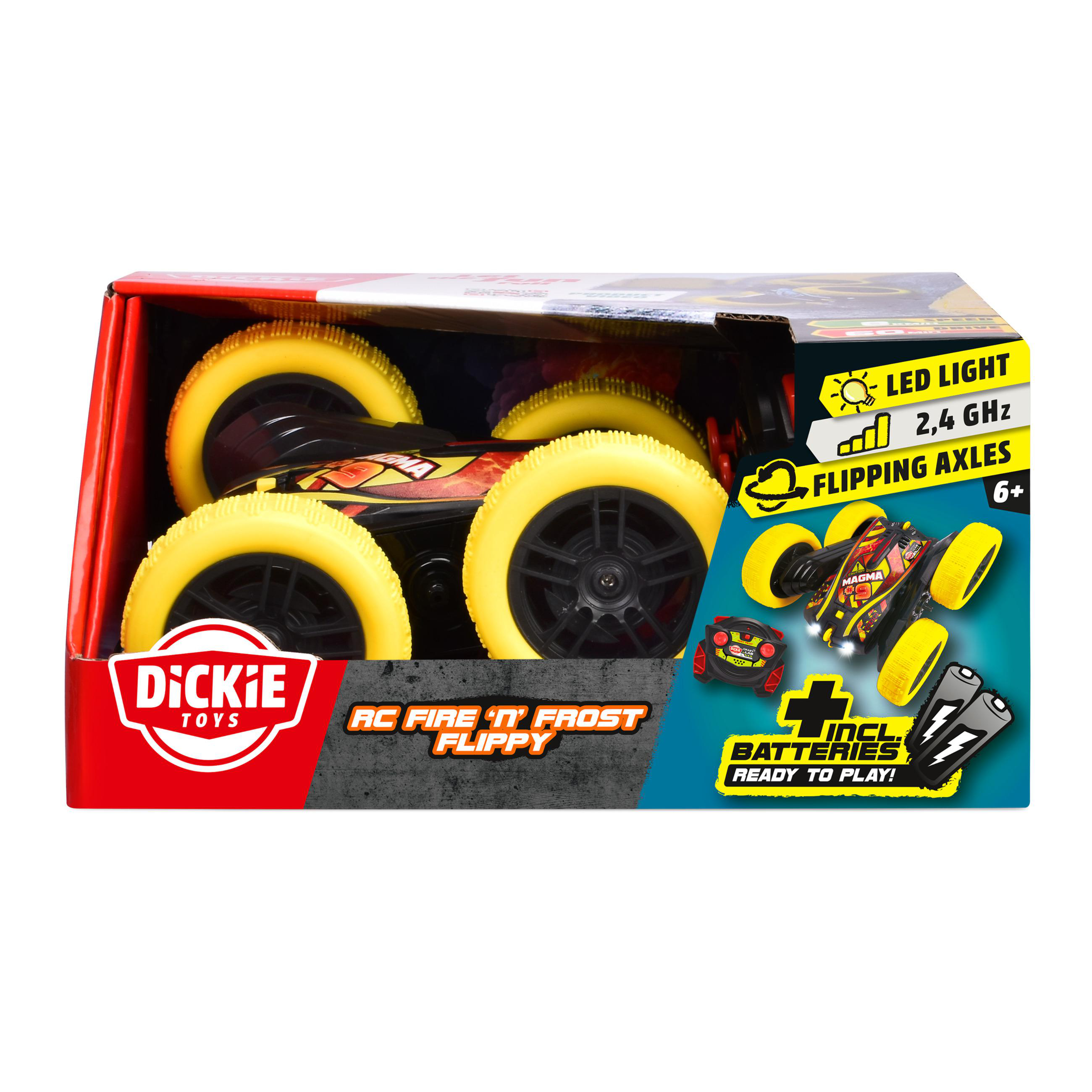Ein Spielzeugauto in seiner Schachtel. Das Auto hat gelbe Räder und eine schwarz-rote Karosserie. Auf der Schachtel steht 'RC Fire 'n' Frost Flippy'.