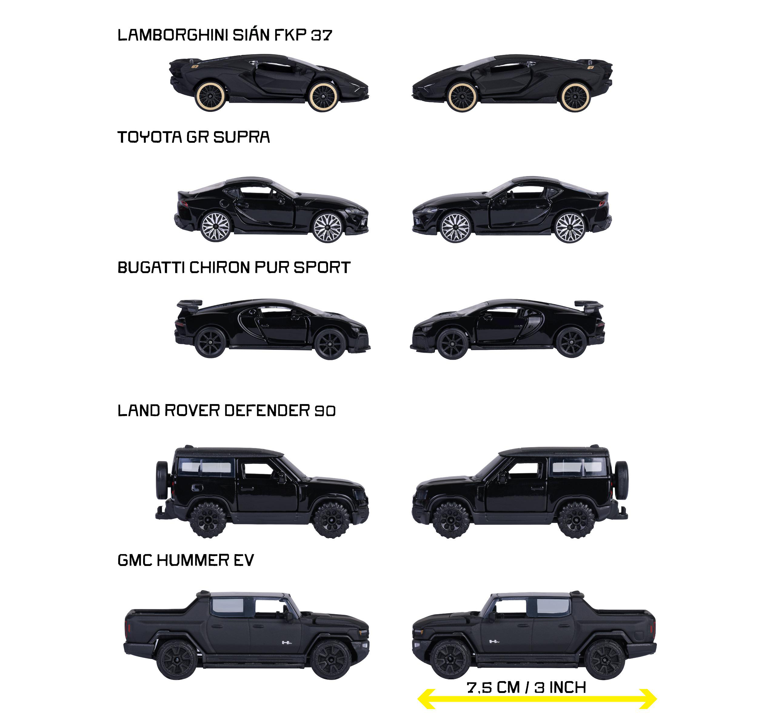 Das Bild zeigt sechs schwarze Spielzeugautos: Lamborghini, Toyota, Bugatti, Land Rover und GMC Hummer. Jedes Auto ist zweimal abgebildet.