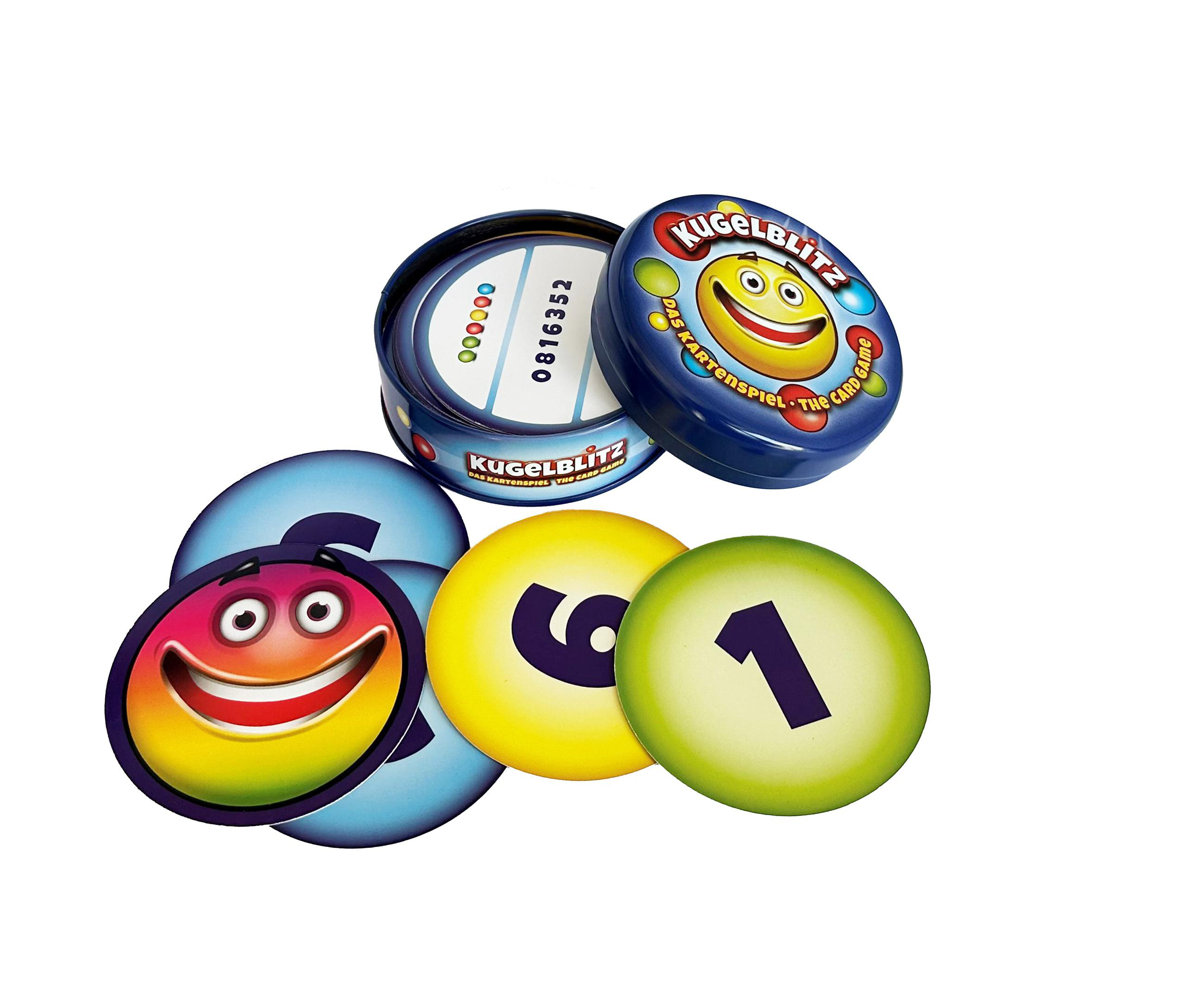 Eine Kartenspielbox mit dem Titel 'Kugelblitz' und mehrere farbenfrohe runde Karten mit Zahlen und Smileys.