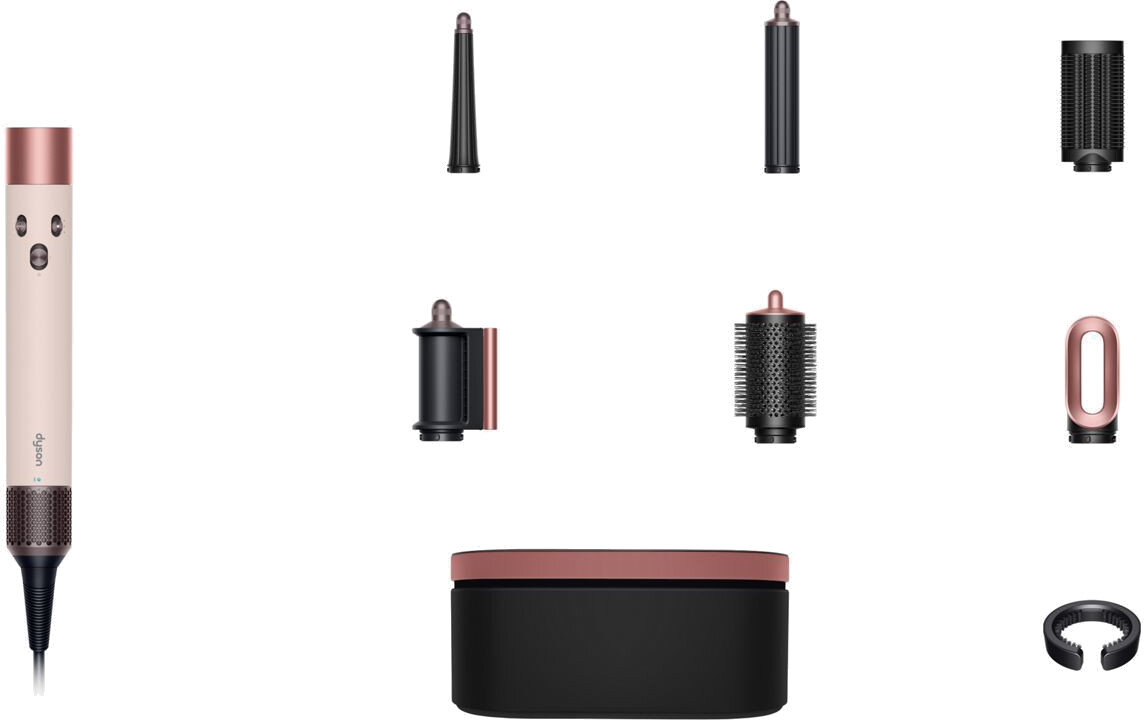 Białe i różowo-złote urządzenie do stylizacji włosów z wieloma nasadkami, w tym etui i akcesorium w kształcie pierścienia, na białym tle.