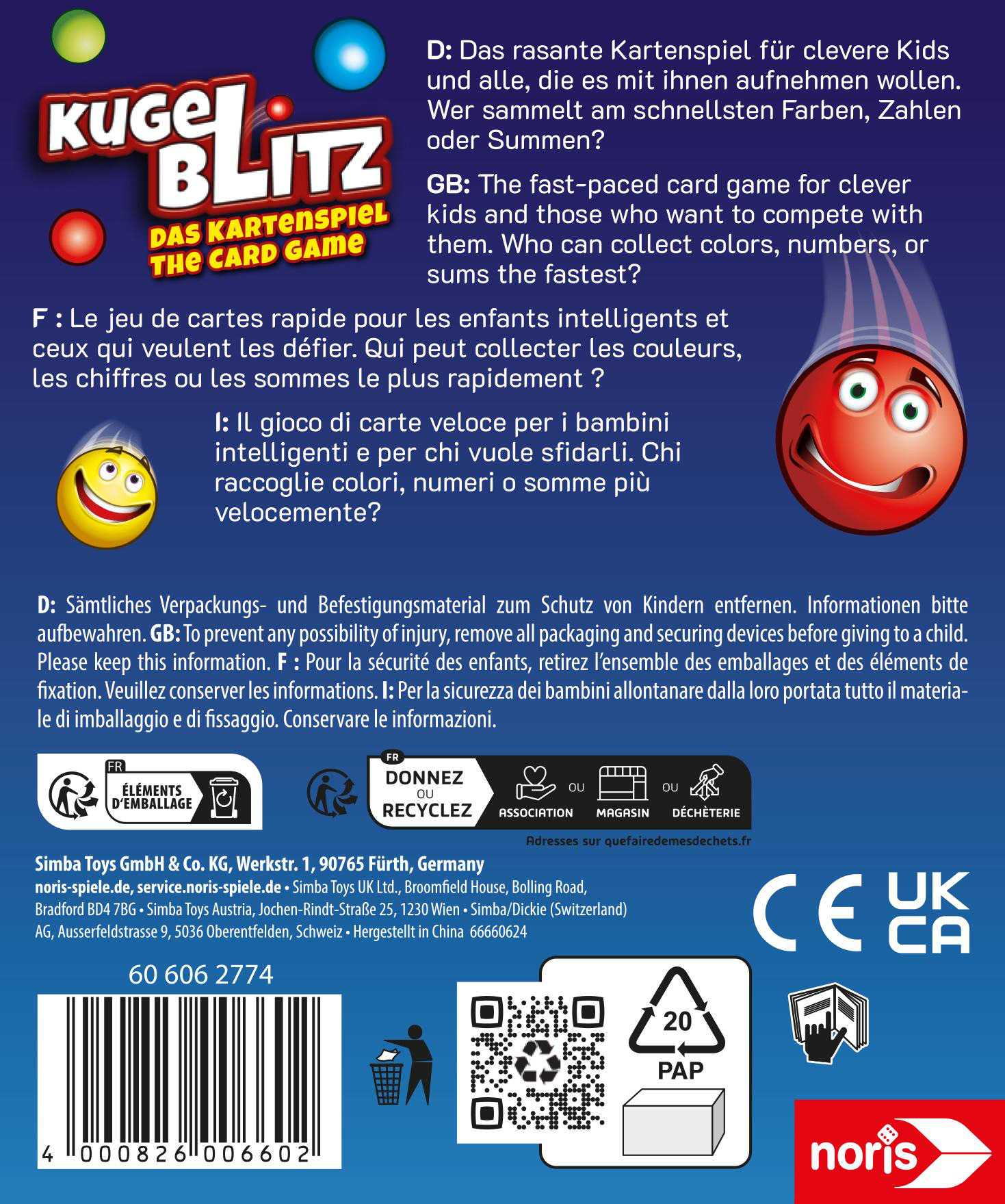 Kartenspiel-Box. Titel: Kugel Blitz. Text auf Deutsch, Englisch, Französisch und Italienisch. Logos, Produktinfos und Barcode.