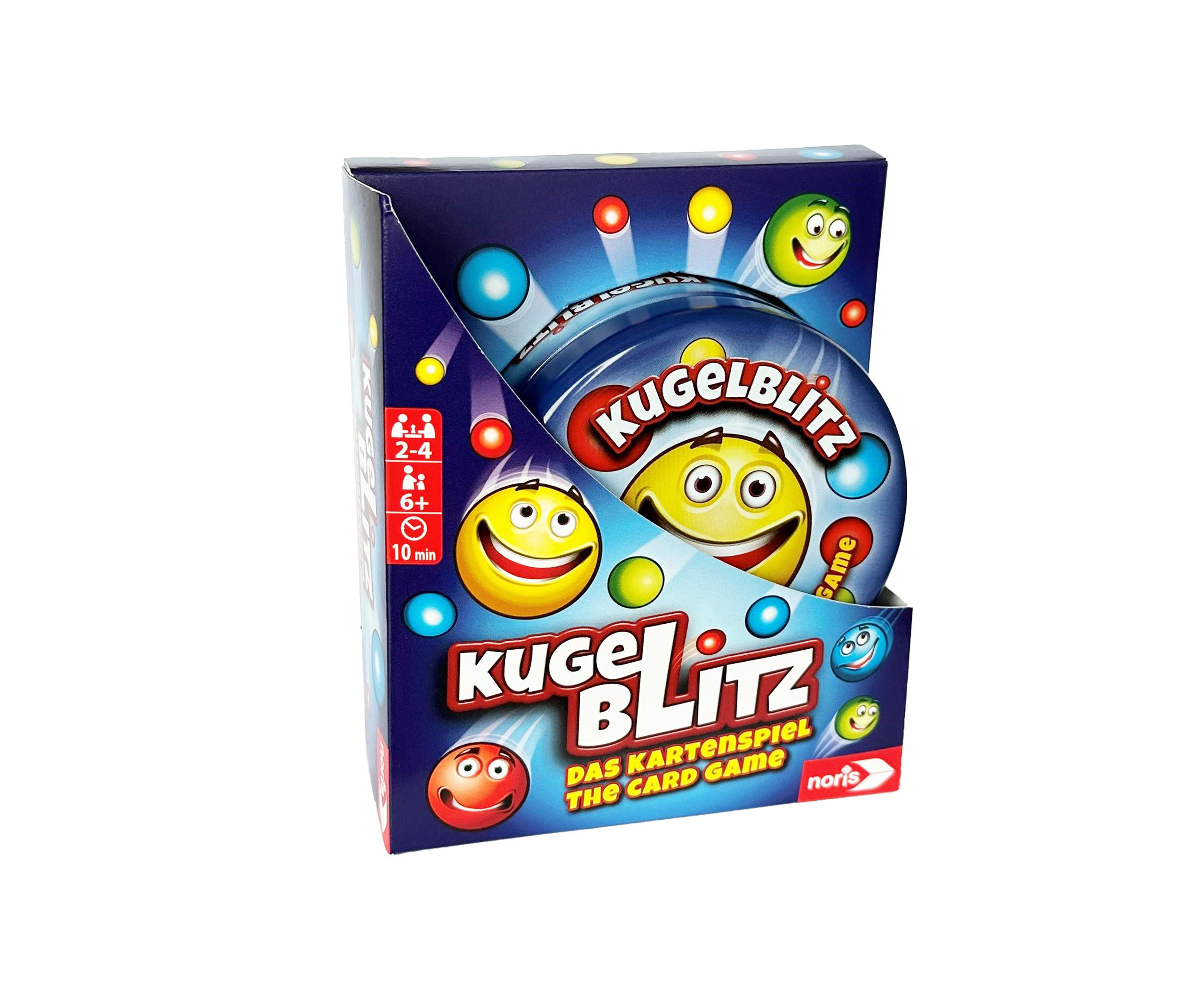 Ein Kartenspiel namens Kugelblitz in einer Schachtel, mit Smileys auf der Schachtel und den Karten. Die Schachtel ist blau.