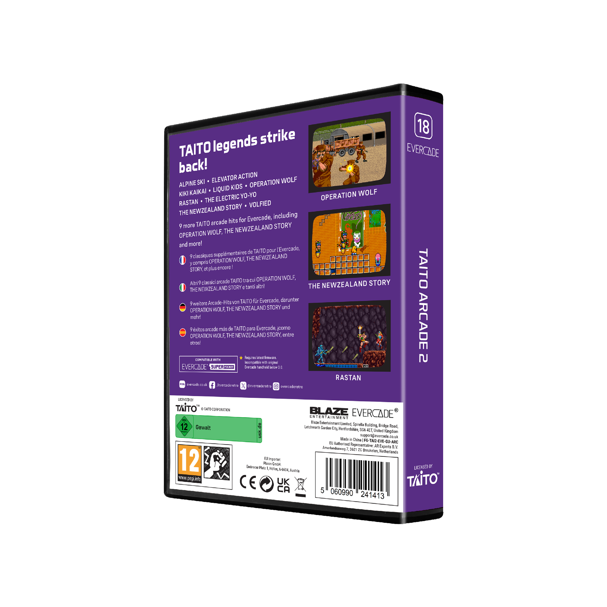 Eine Spielbox mit dem Titel 'TAITO ARCADE 2'. Sie zeigt Spiel-Screenshots wie 'Operation Wolf' und 'Rastan'.