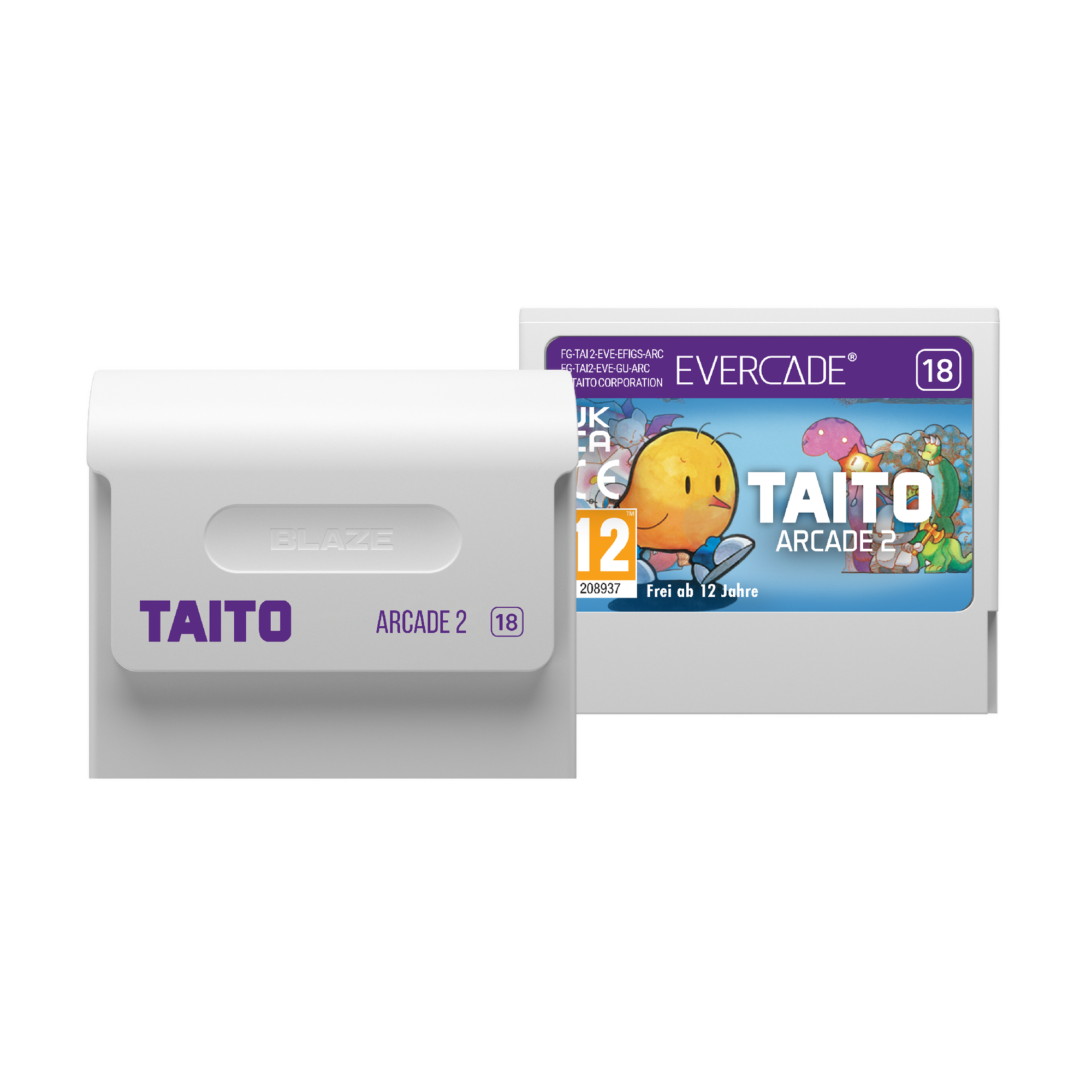 Zwei weiße Evercade-Cartridges. Eines zeigt Taito Arcade 2, das andere das Spielcover mit einem gelben Vogel.