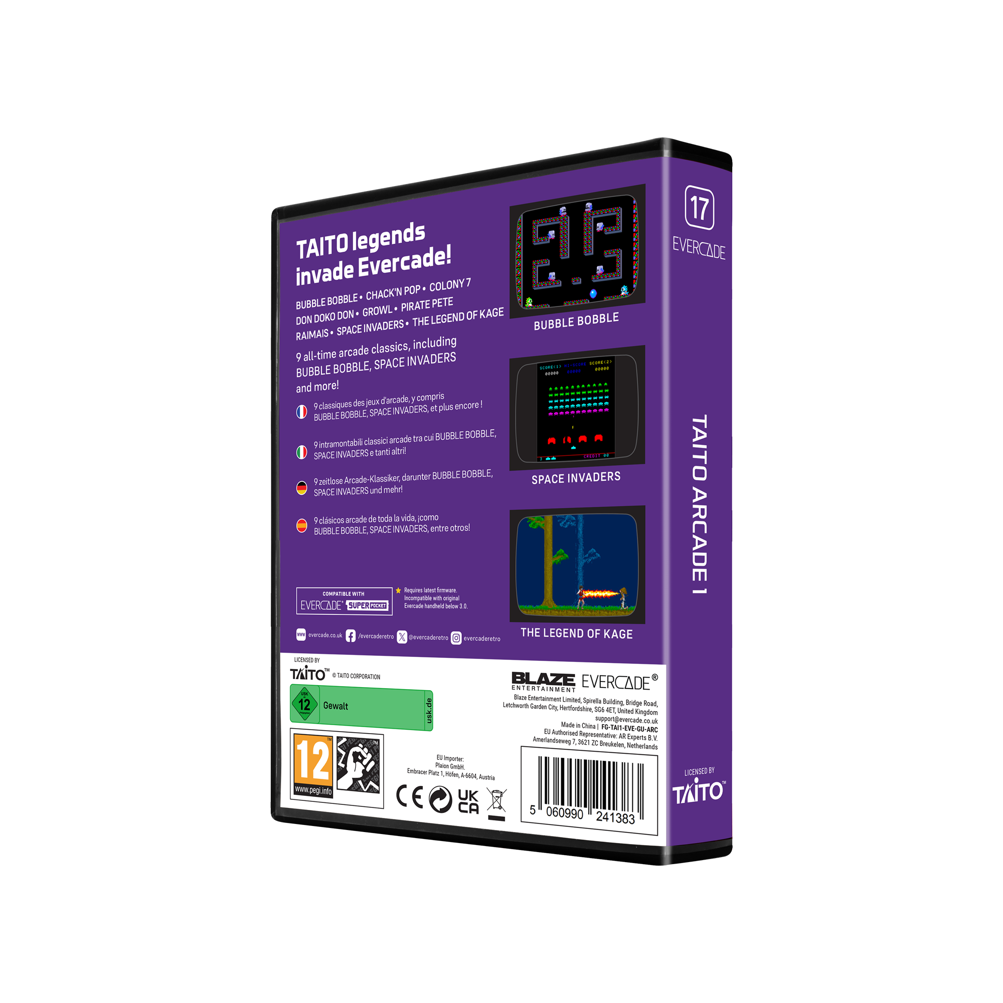 Boxart für Evercade Taito Arcade 1. Enthält Spiel-Screenshots, Logos und ein lila-schwarzes Farbschema.