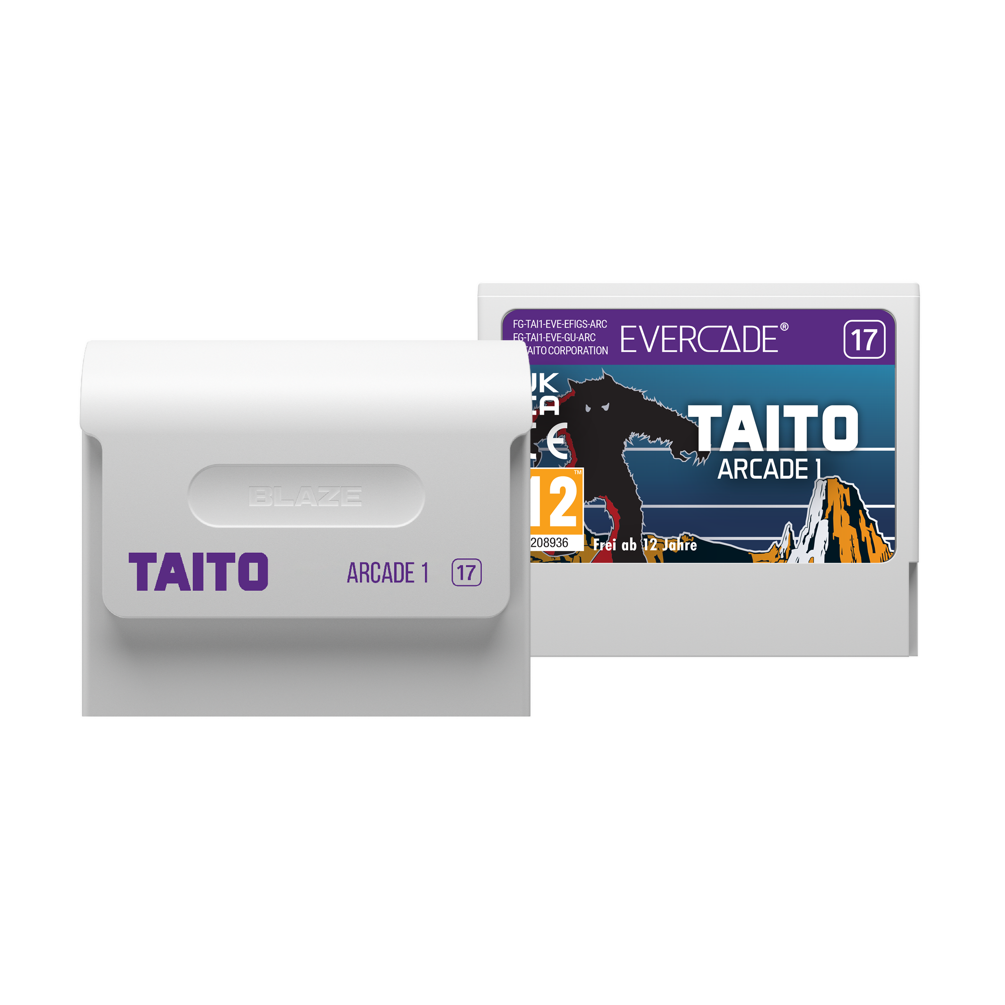 Zwei weiße Spielkassetten. Eine zeigt "TAITO ARCADE 1" und die andere "EVERCADE" mit einem Monster.