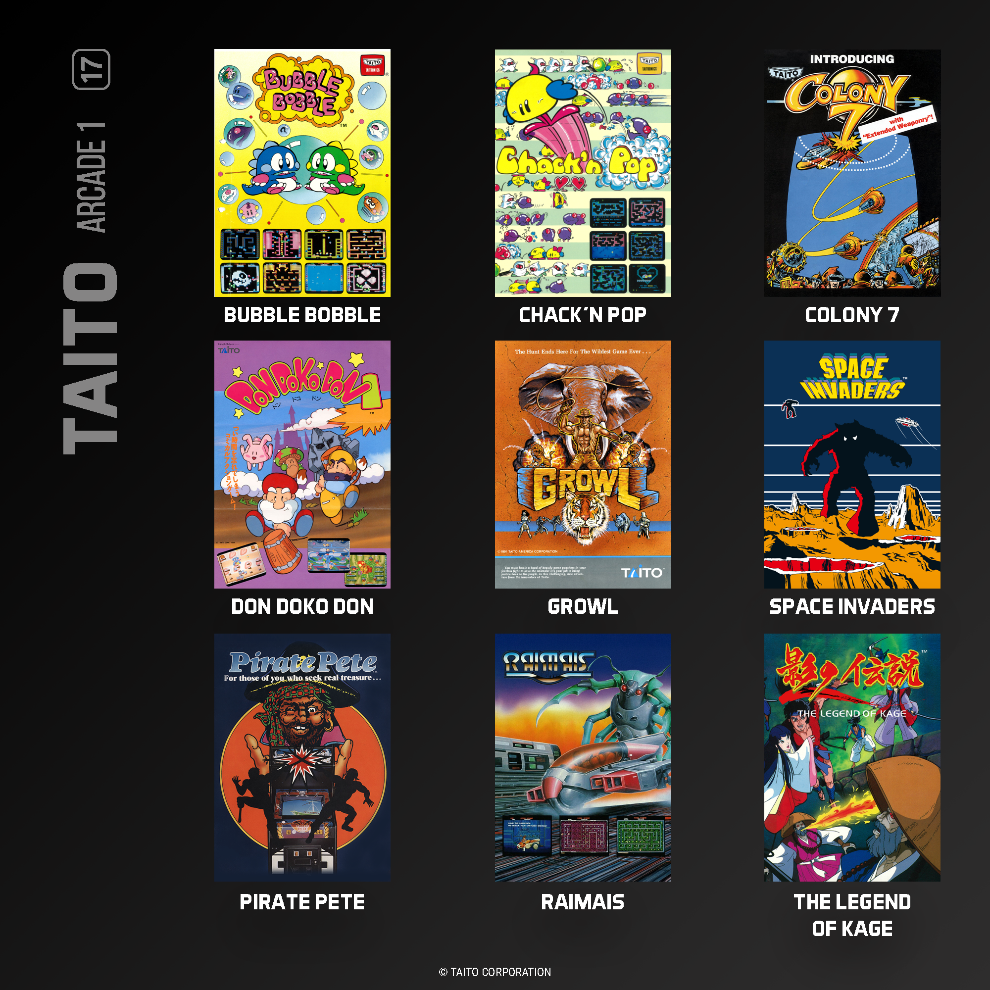 Poster des Arcade-Spiels Bubble Bobble. Blaue und grüne Blasendrachen auf gelbem Hintergrund. Spielbildschirme unten.