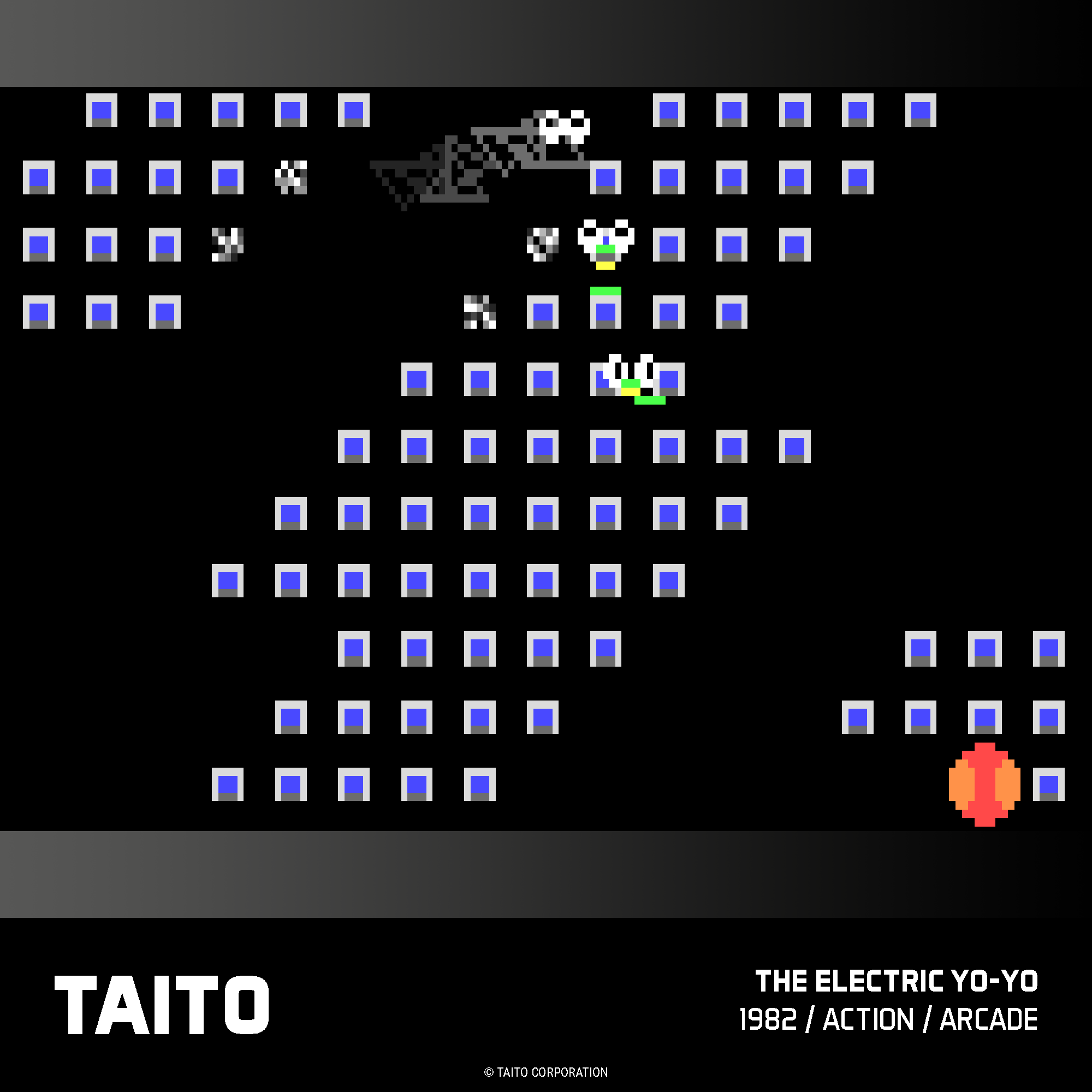 Retro-Arcade-Spielbildschirm. Blaue Quadrate bilden Formen. Fliegende Objekte und ein bunter Ball unten rechts. Der Titel lautet THE ELECTRIC YO-YO.