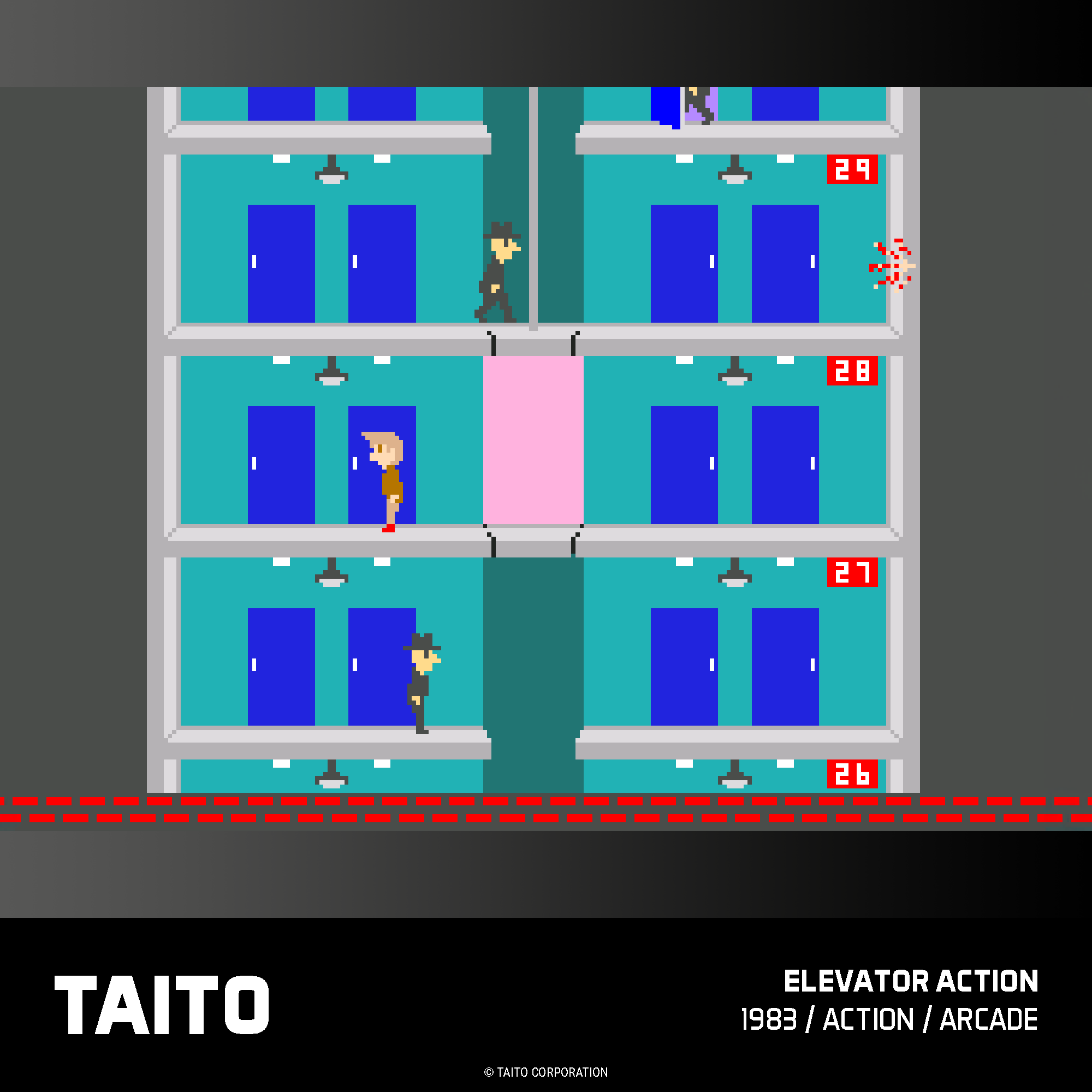 Pixeliges Arcade-Spiel. Charaktere in einem Aufzug, einem rosa Schacht und den Zahlen 26-29. Blaue Türen.