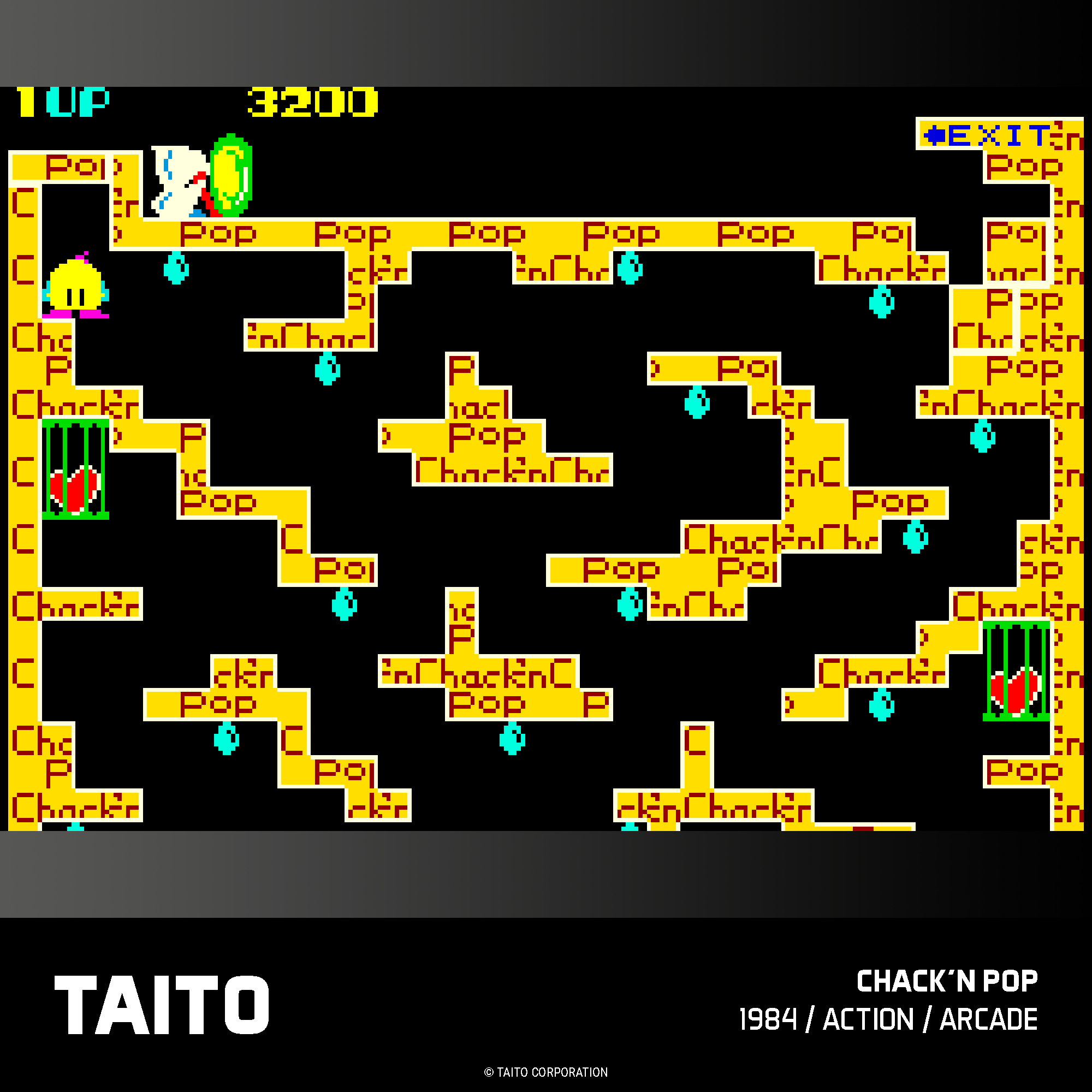 Ein Retro-Arcade-Spielbildschirm, gelbe Plattformen auf schwarzem Hintergrund. Charaktere umfassen ein gelbes Wesen und ein fliegendes weißes.