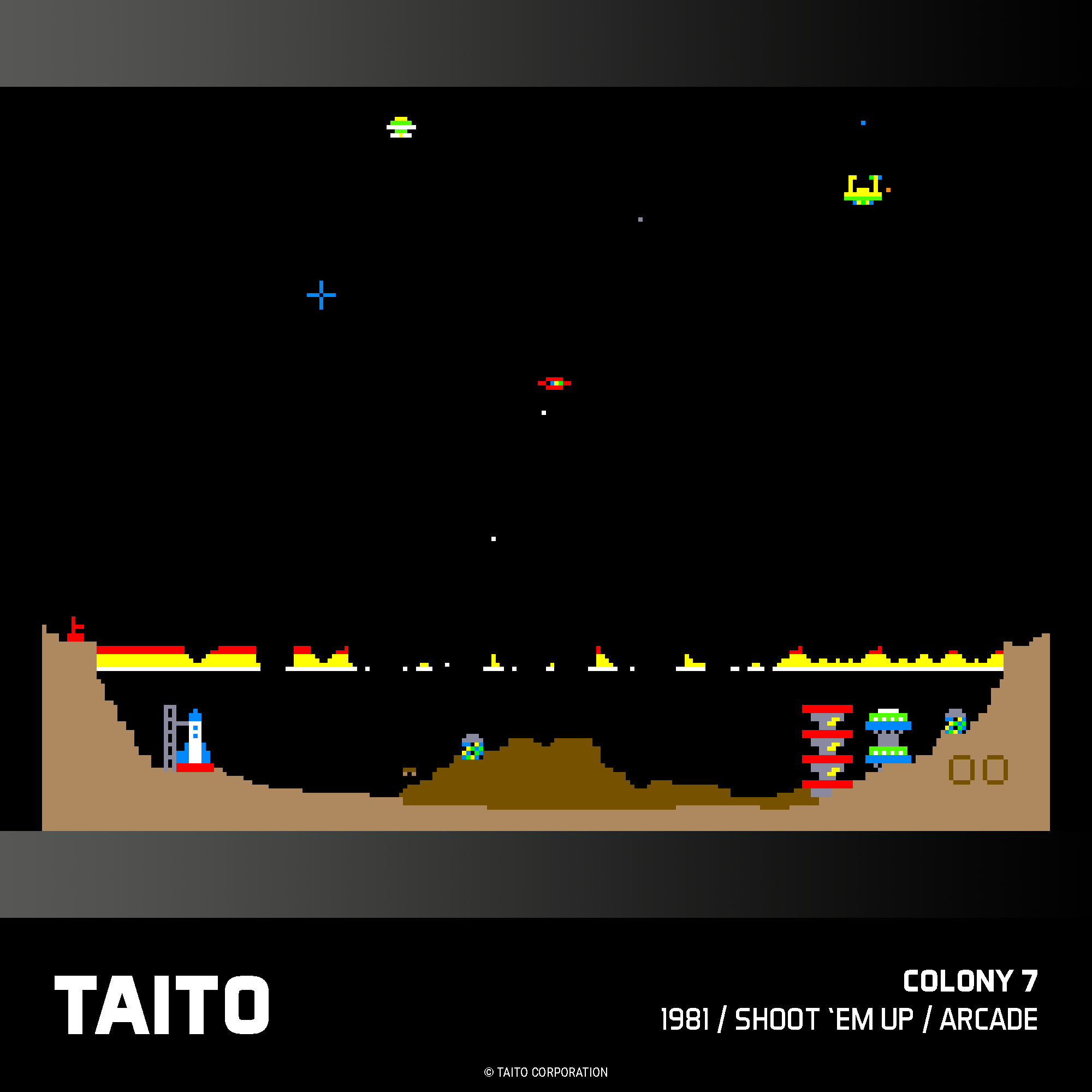 Pixelige Arcade-Spielszene. Raumschiffe und außerirdische Strukturen befinden sich über einer Landschaft. Das Taito-Logo ist unten.