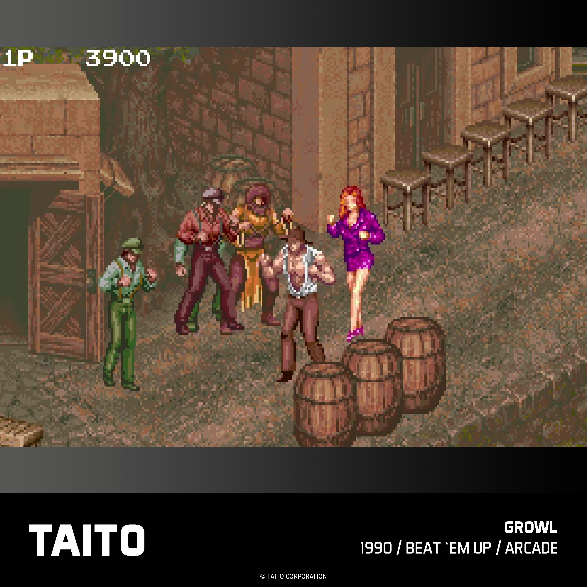 Szene eines Retro-Arcade-Spiels. Charaktere in einem Kampf. Fässer im Vordergrund, Tische im Hintergrund. Taito-Logo unten.
