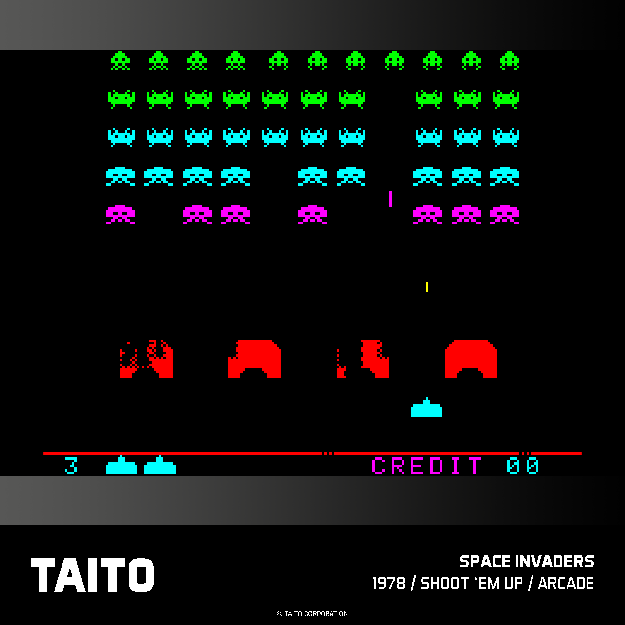 Klassischer Space Invaders-Spielbildschirm. Aliens in Reihen, ein Schiff unten, rote Barrieren und ein Guthabenzähler.