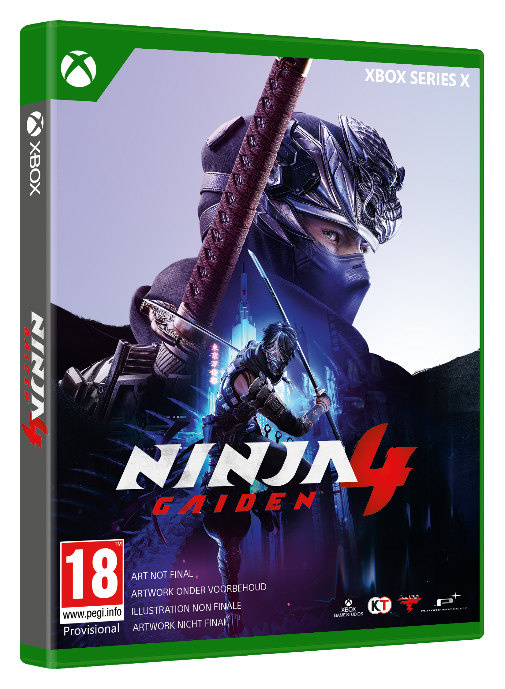 Spielbox-Art. Ein Ninja in Rüstung mit Schwert. Die Box hat das Xbox-Logo und Ninja Gaiden 4.