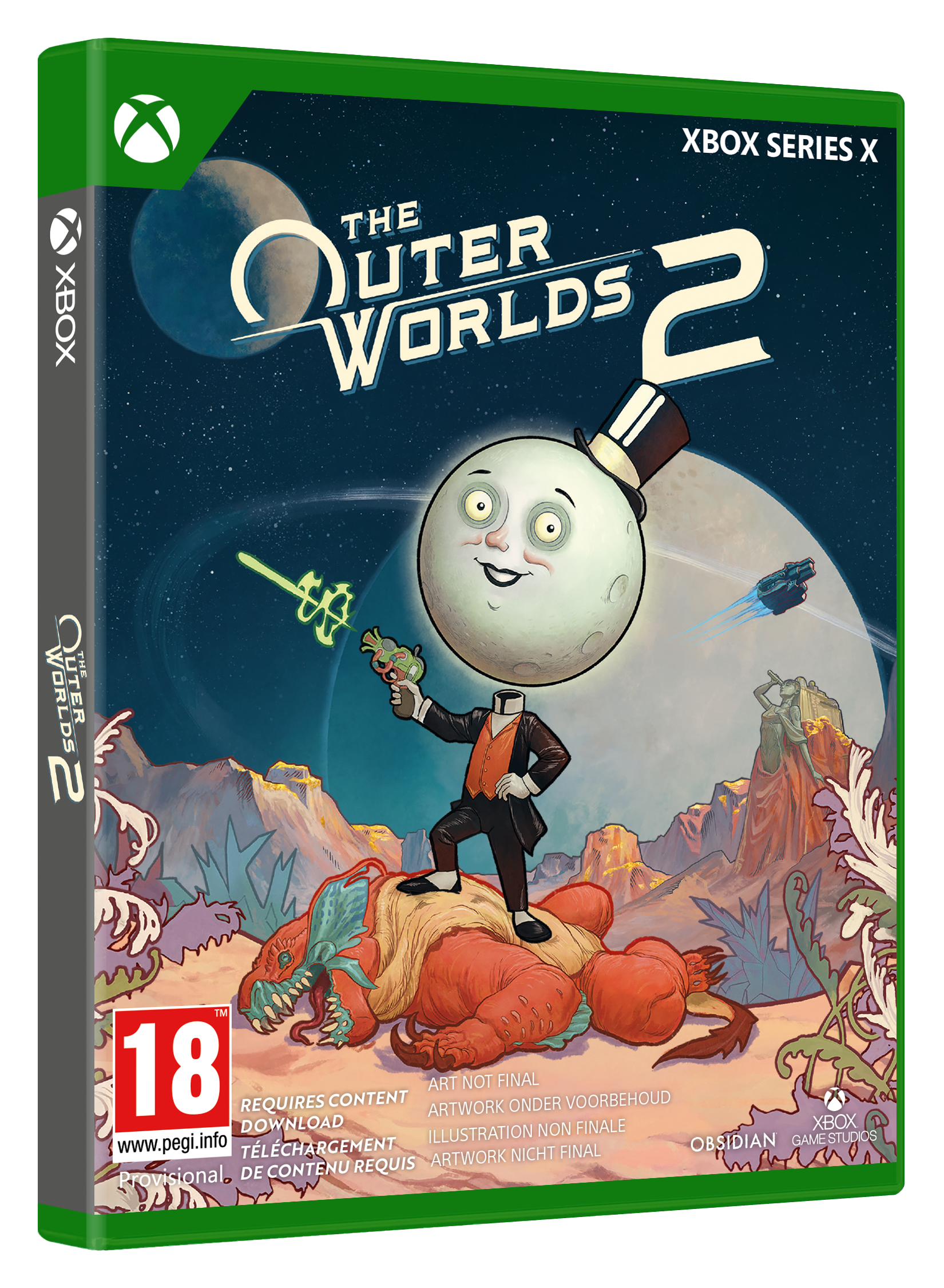 Spielbox-Art. Ein Mann mit Mondkopf im Anzug steht auf einem roten Wesen. Der Titel lautet The Outer Worlds 2.