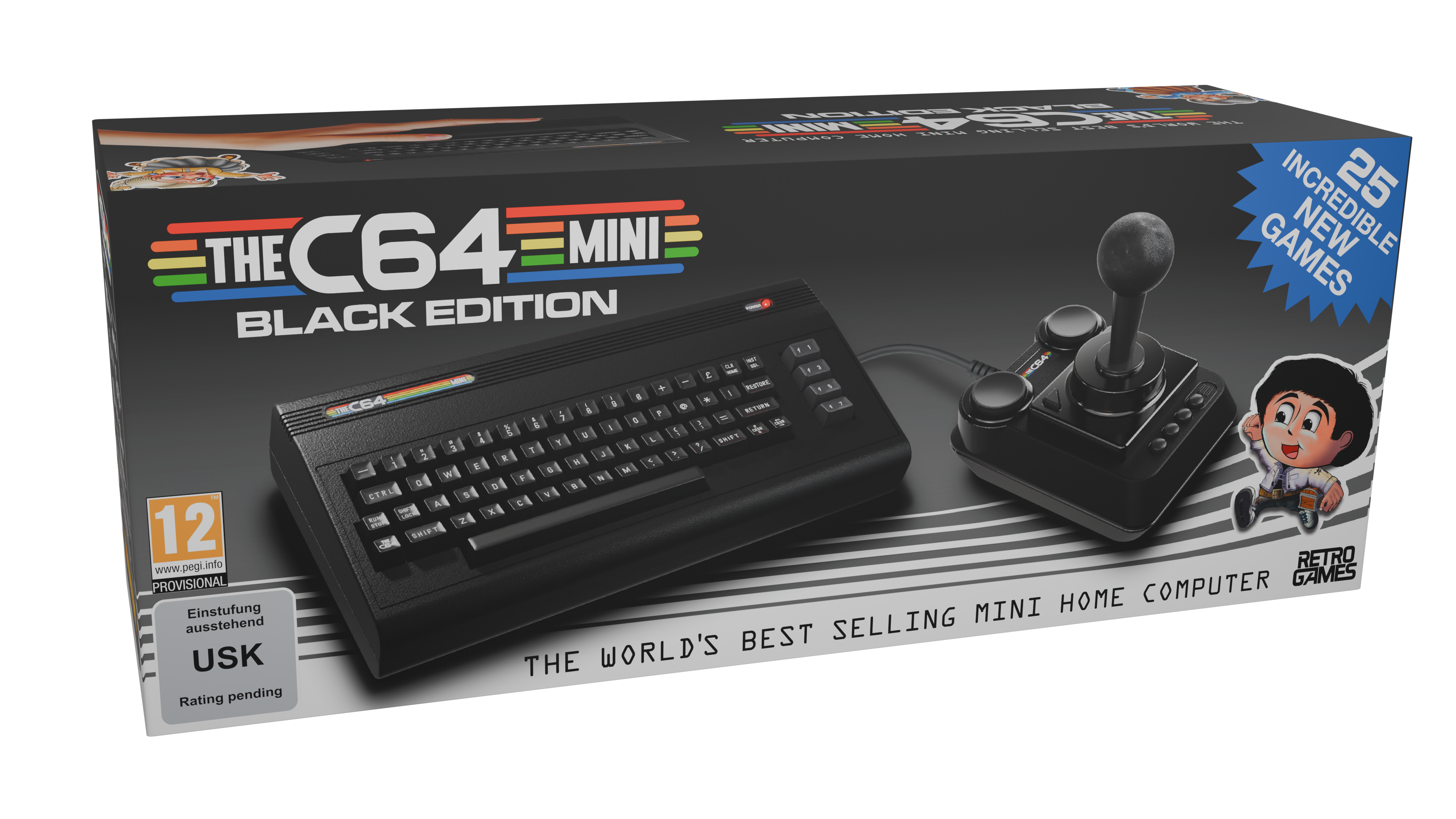 The C64 Mini Black Edition Box. Mit Tastatur, Joystick und Retro-Spiele-Label. Auch eine 12+ Bewertung.
