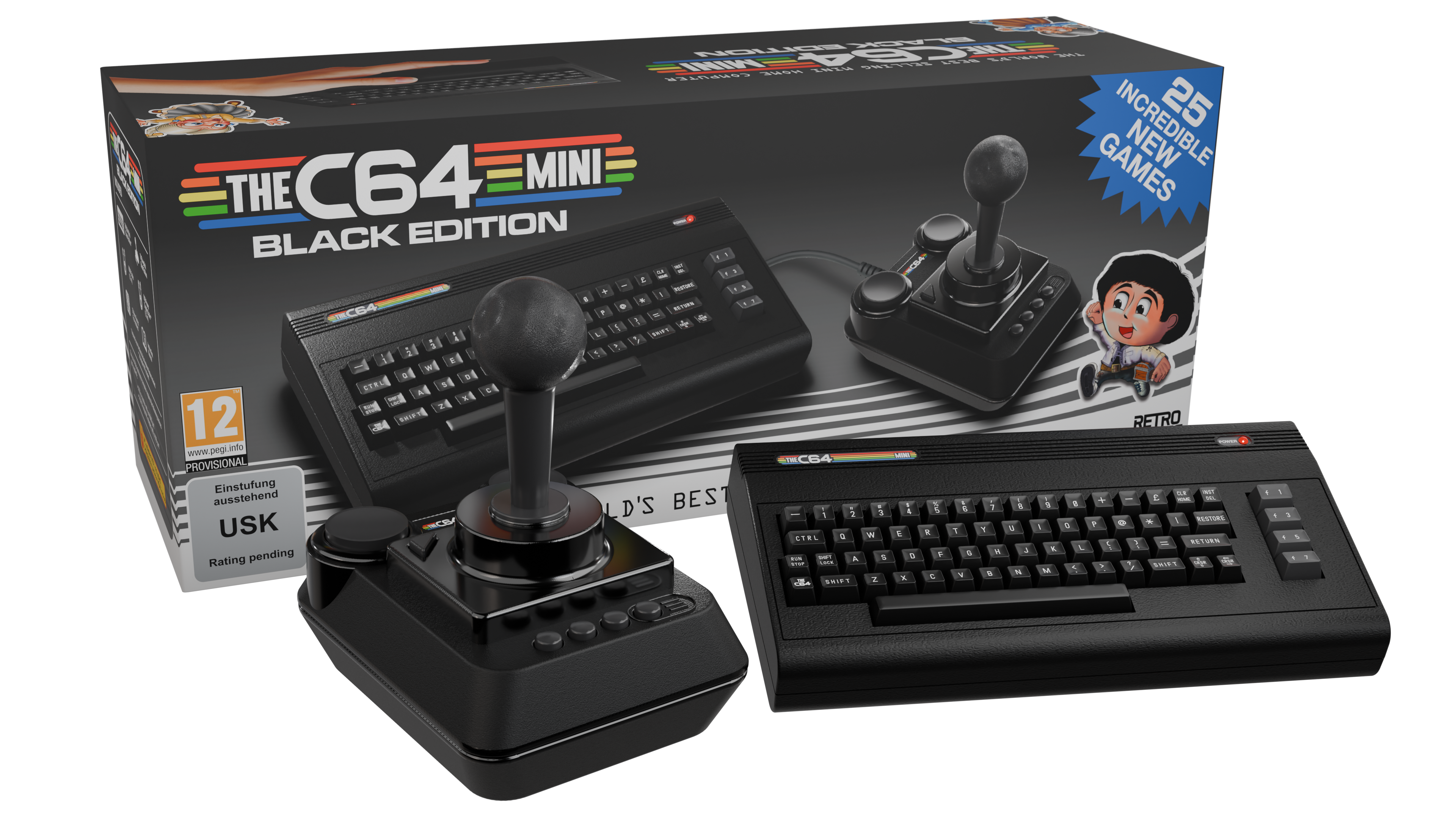 The C64 Mini Black Edition Box mit Joystick und Tastatur. Es hat 25 Spiele und Retro-Grafiken.