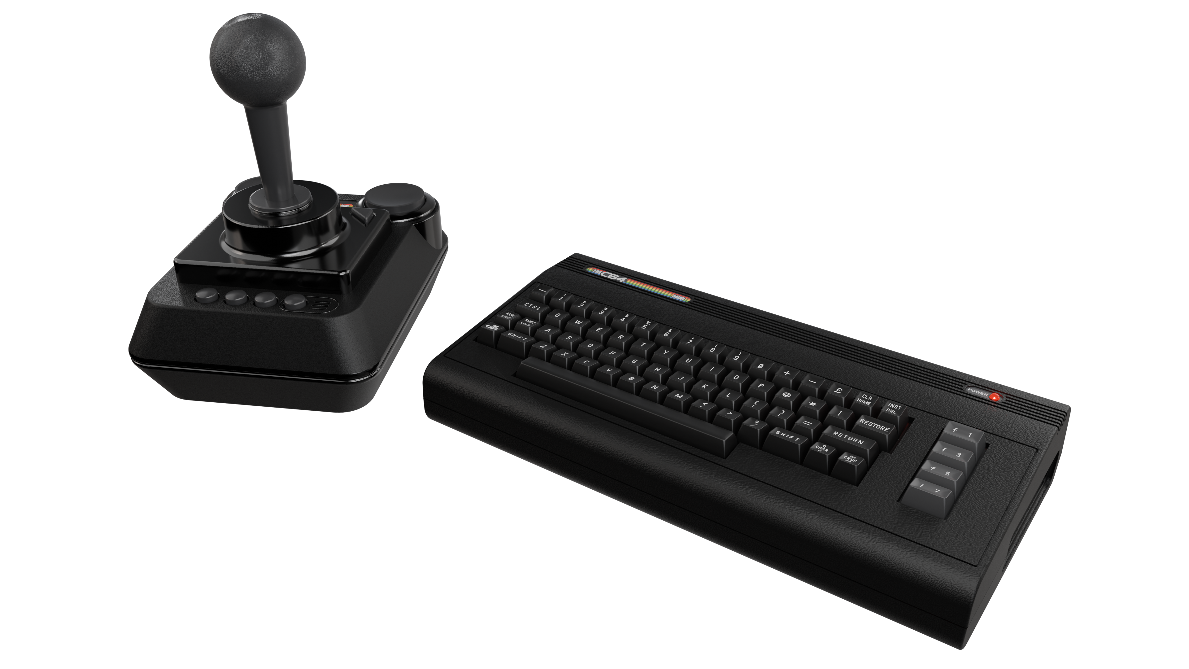 Eine schwarze Commodore 64-Tastatur und ein Joystick auf schwarzem Hintergrund. Die Tastatur hat ein vollständiges QWERTZ-Layout.