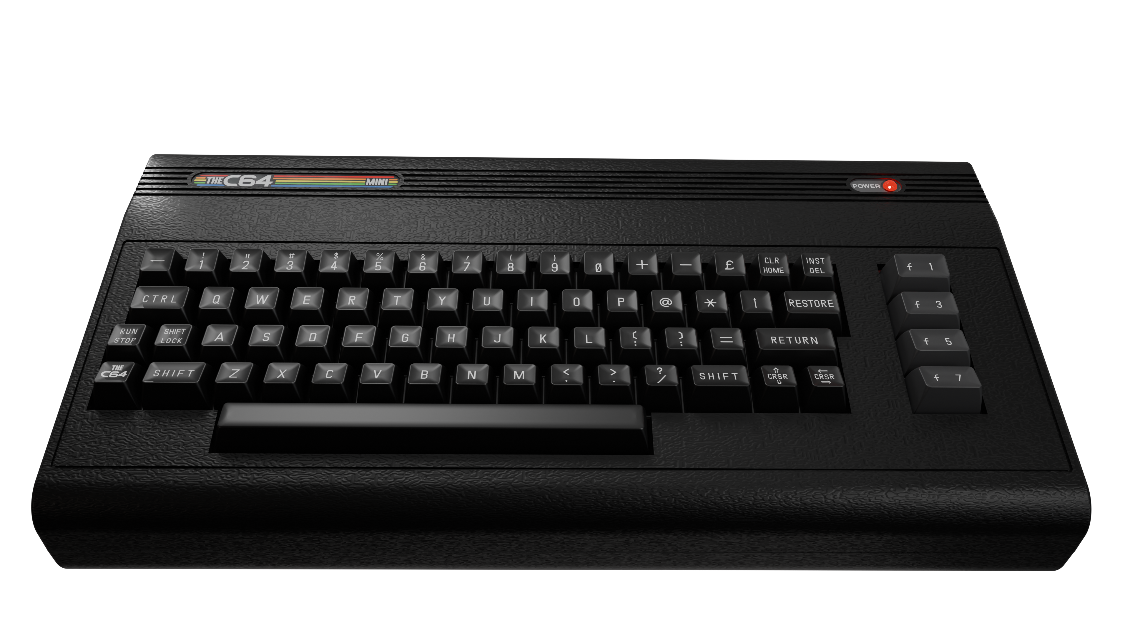 Ein schwarzer C64 Mini-Computer mit Tastatur. Tasten sind mit Buchstaben, Zahlen und Symbolen beschriftet. Power-Taste leuchtet.