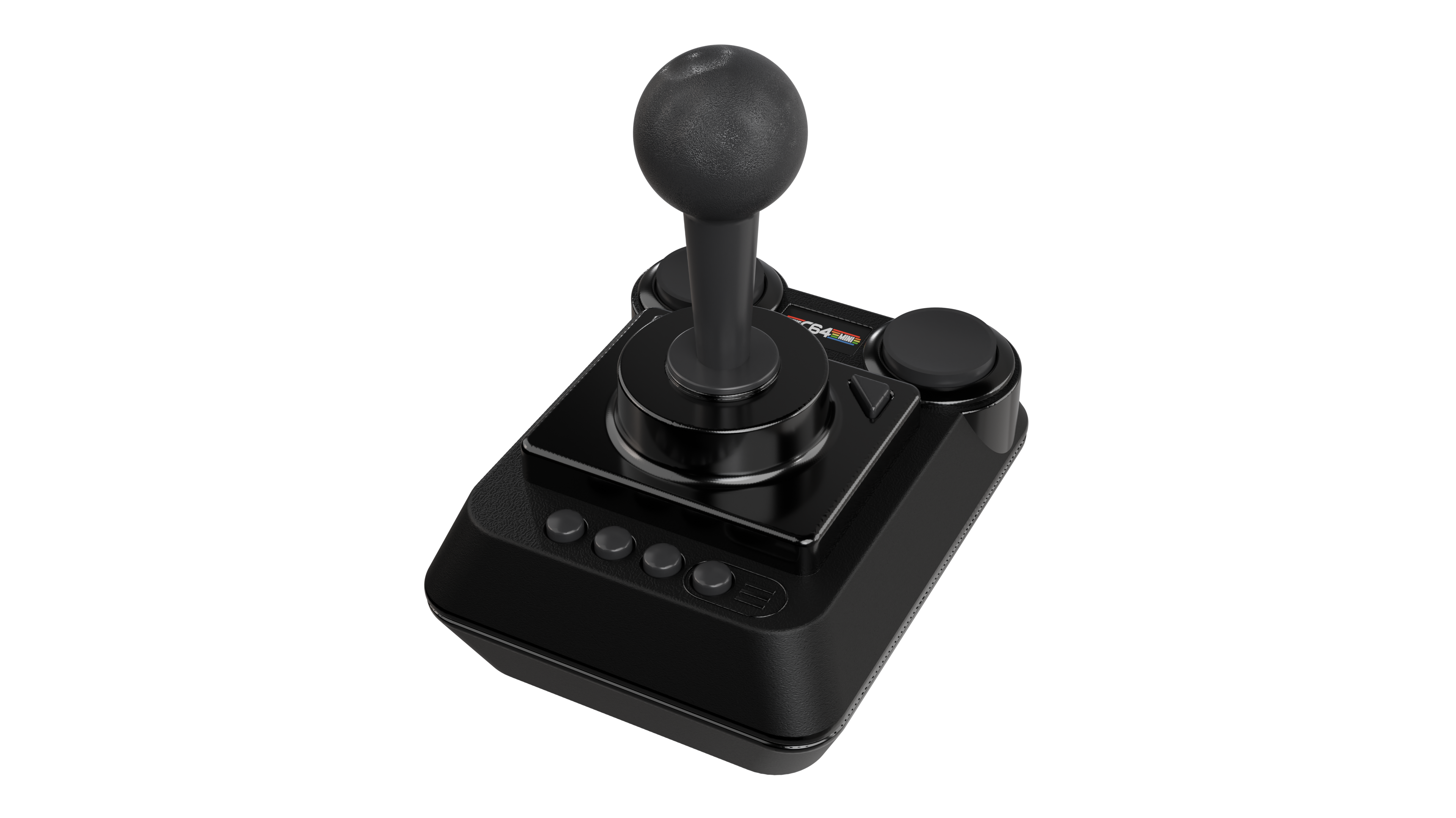 Ein schwarzer Joystick mit rundem Kopf und einer Basis mit Knöpfen vor schwarzem Hintergrund. Es ist ein C64 Mini Joystick.