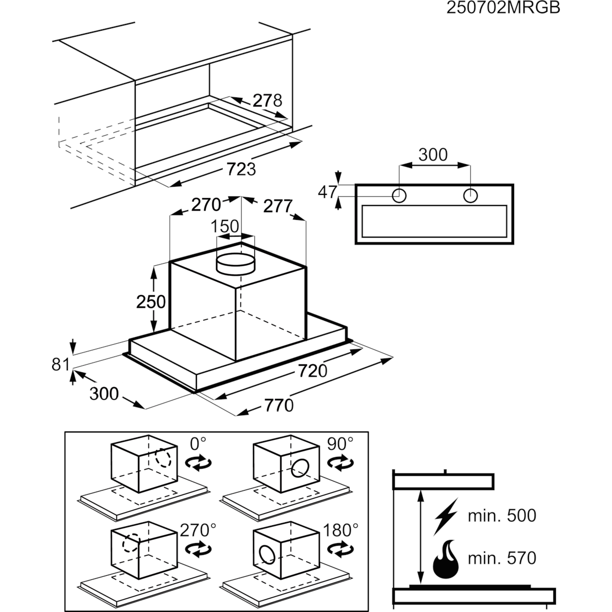 Konyhai páraelszívó diagramja méretekkel. Tartalmaz felülnézetet, oldalsó nézeteket és forgatási diagramokat. Biztonsági távolság diagramok is.