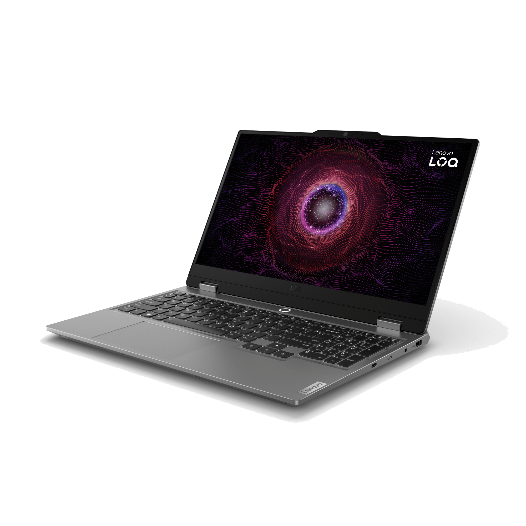 Una laptop Lenovo LOQ plateada está abierta sobre un fondo negro. La pantalla muestra un diseño abstracto y colorido.