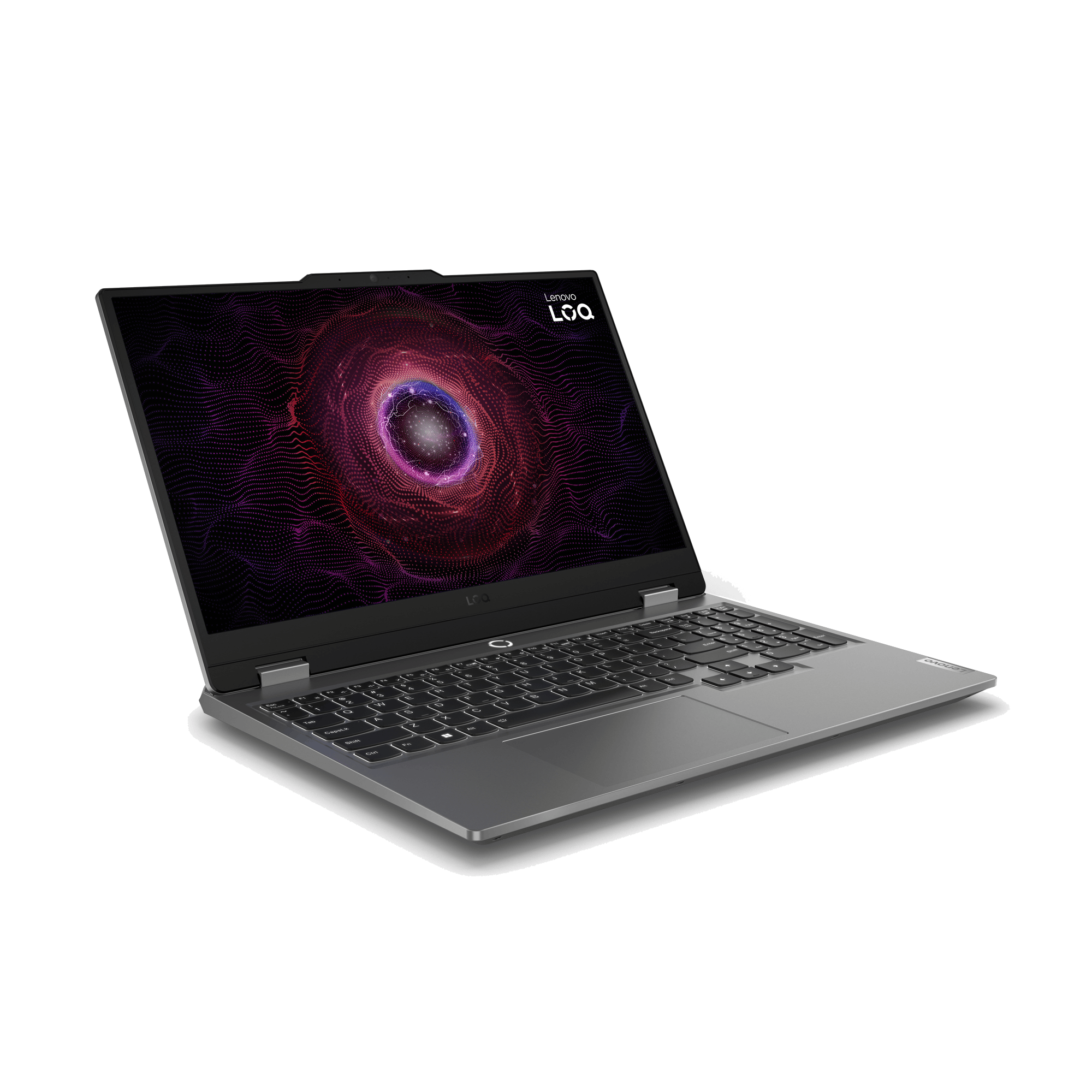 Un portátil Lenovo Loq abierto muestra un diseño digital púrpura y rojo en la pantalla. El teclado es visible.
