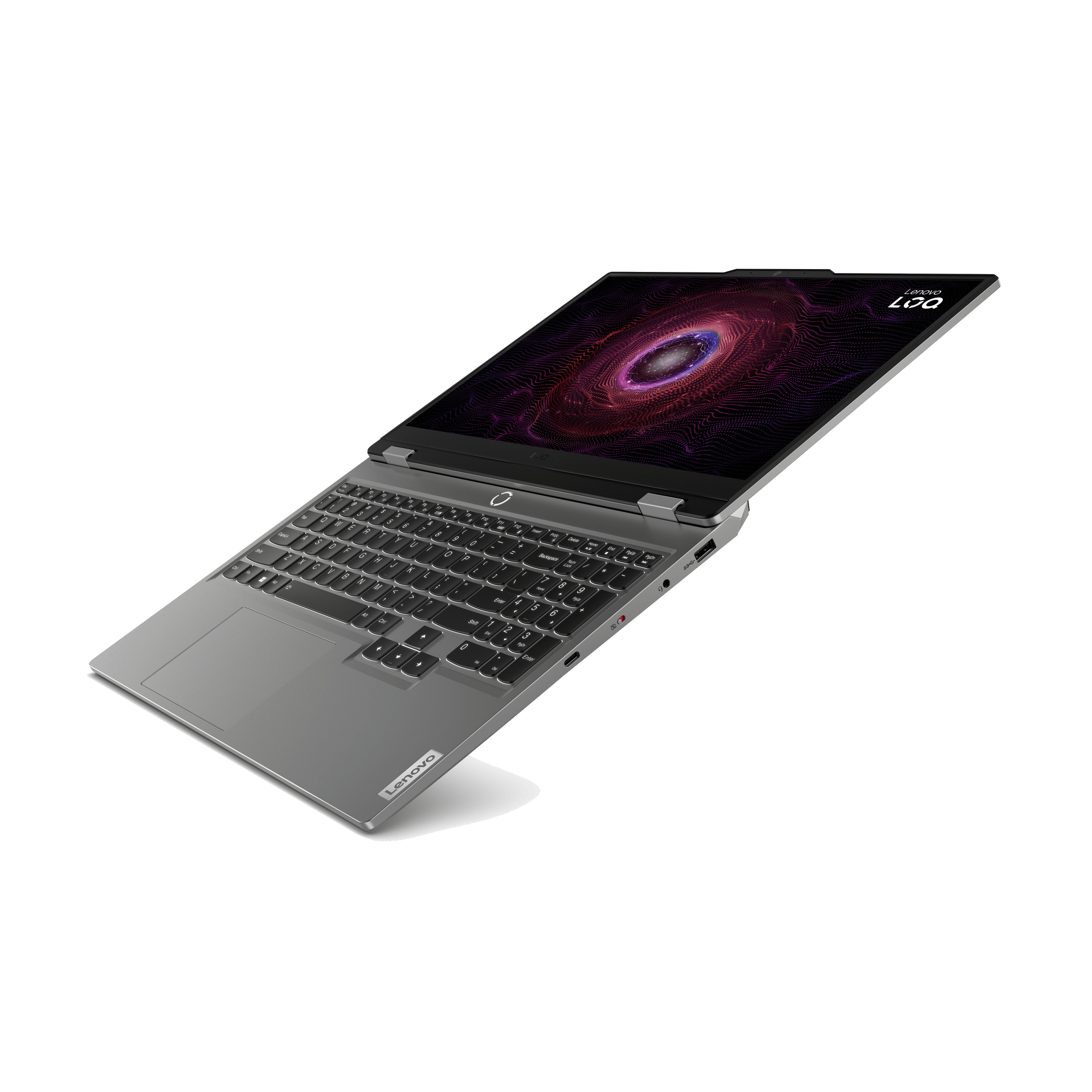 Un portátil Lenovo plateado está abierto, mostrando una pantalla abstracta colorida. Está contra un fondo negro.