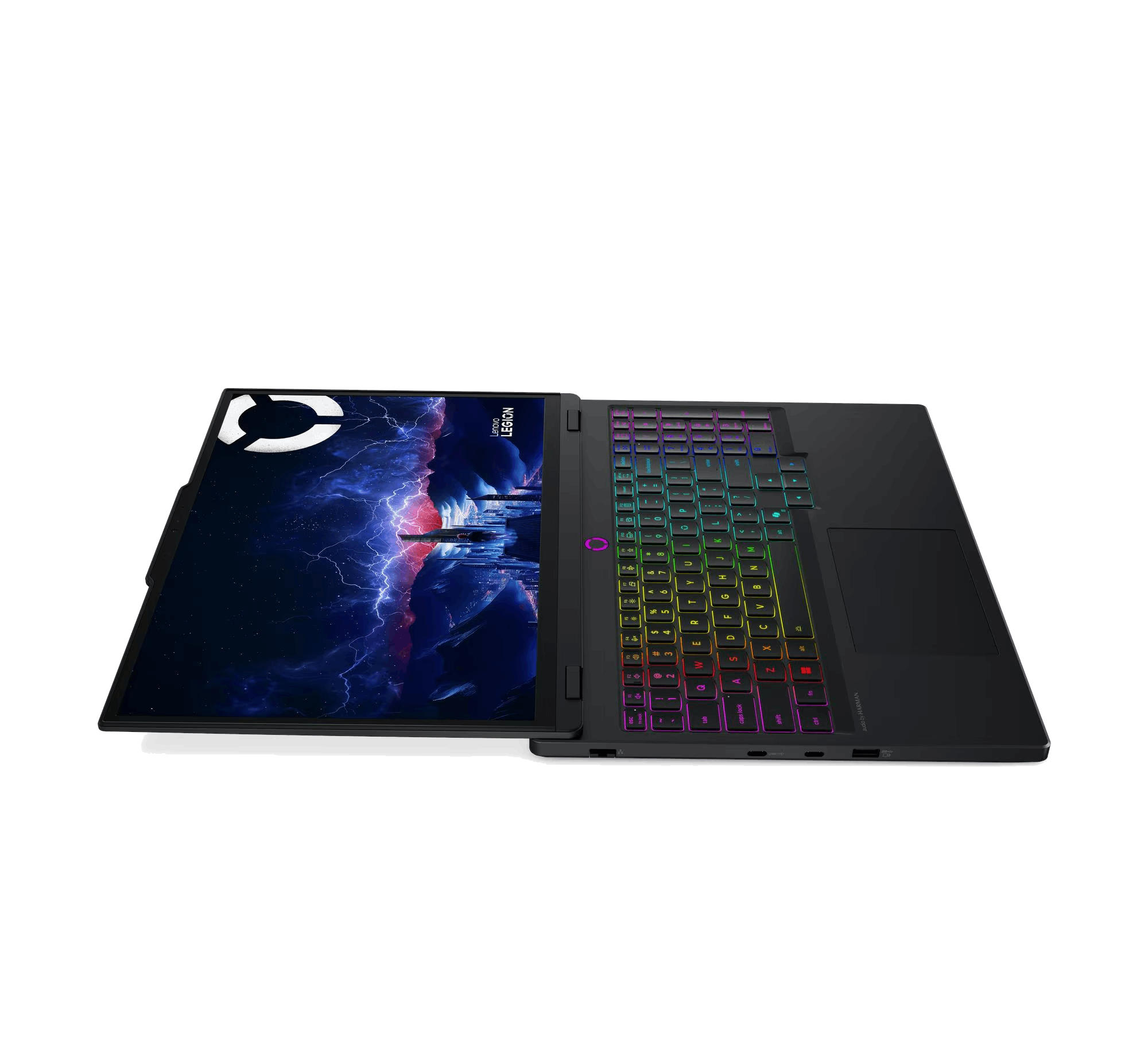 Portátil negro con teclado retroiluminado colorido, pantalla con imagen nebulosa y logotipo blanco sobre fondo negro.
