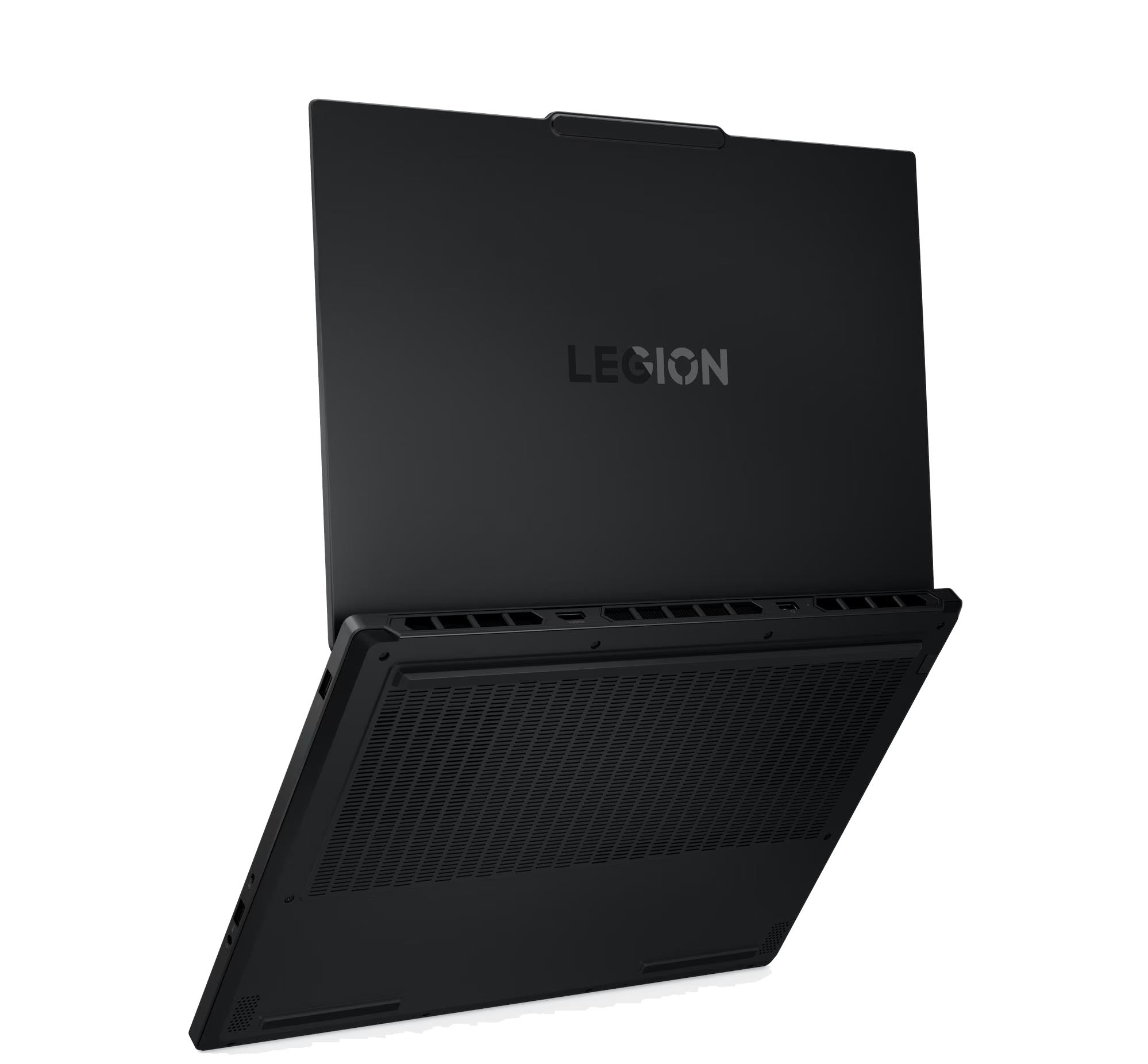 Una laptop Legion negra está abierta, mostrando el logotipo de Legion en la tapa y la parte inferior con ventilación.