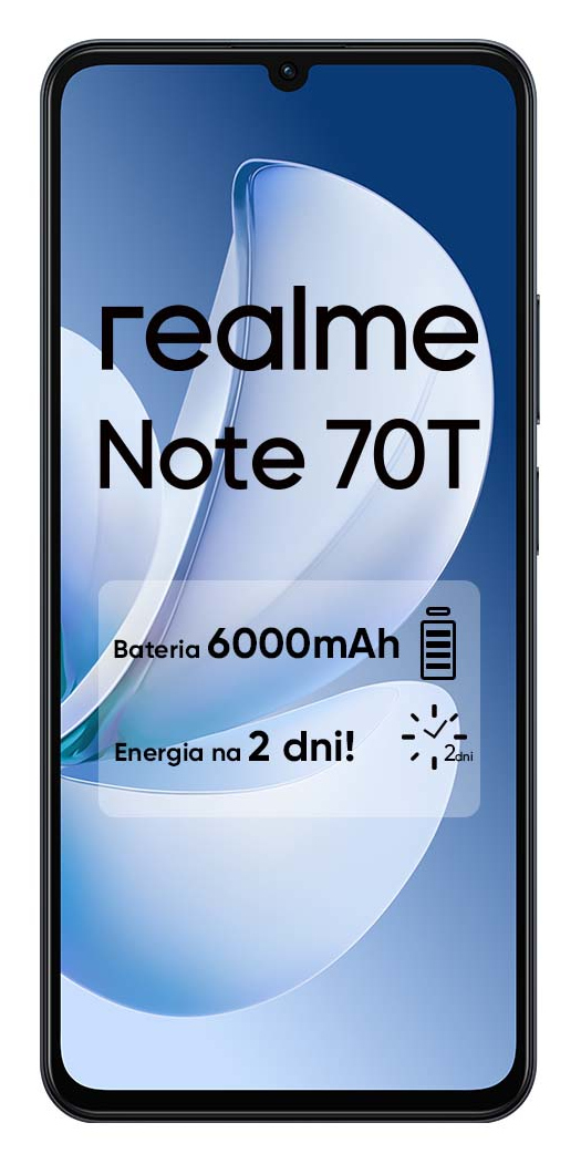 Smartfon Realme Note 70T na białym tle, z tekstem: Bateria 6000mAh i Energia na 2 dni! na ekranie.