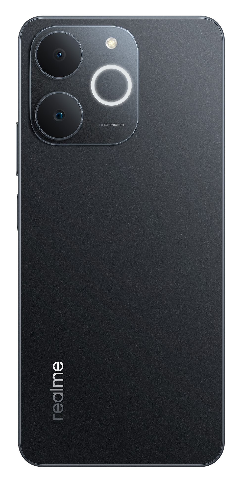 Czarny tył smartfona z zestawem aparatów i lampą błyskową. Obecne logo Realme. Telefon jest na białym tle.
